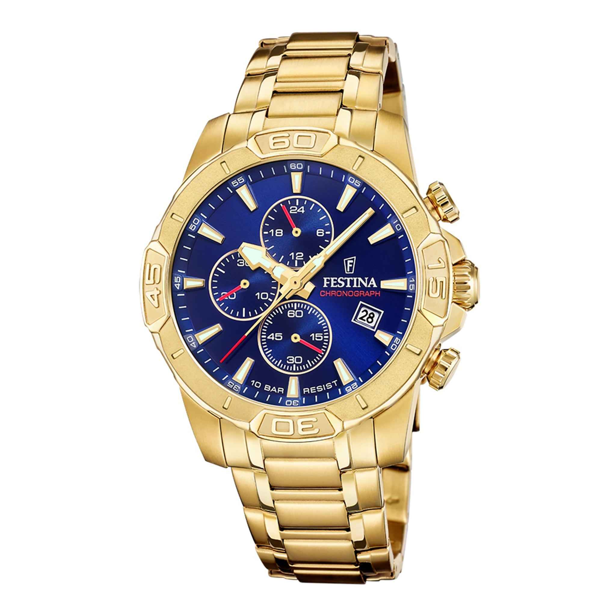 Herrenuhr Chronograph Edelstahl gold 45 mm Quarz blau | Festina