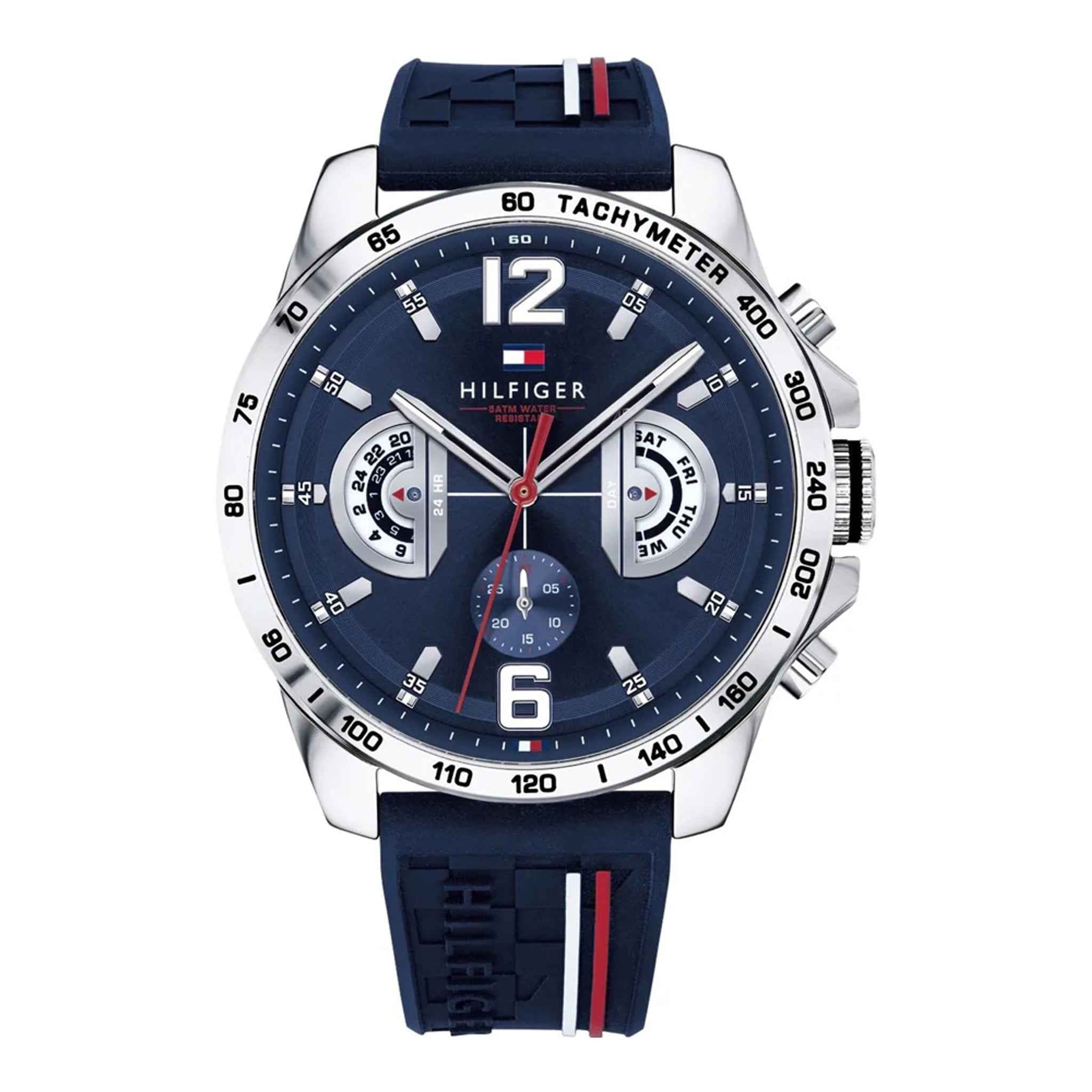 Herrenuhr Decker Quarz Edelstahl silber 46 mm Silikonarmband blau