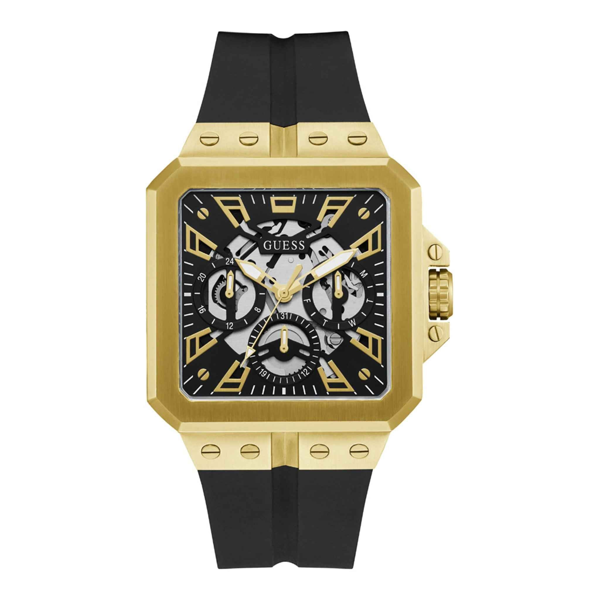 Herrenuhr Leo GW0637G2 Quarz Edelstahl gold 42 mm Silikon schwarz | GUESS