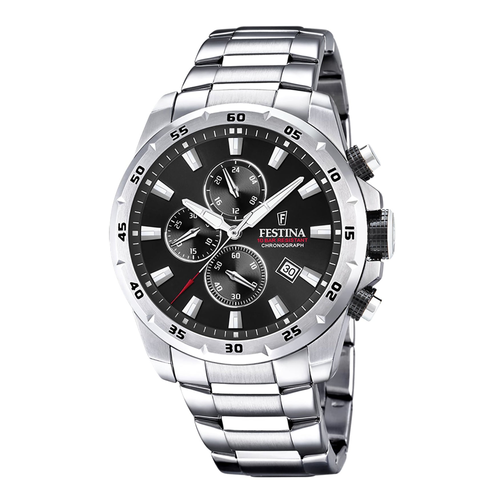 Herrenuhr Chronograph Edelstahl silber 45 mm Quarz schwarzes Zifferblatt