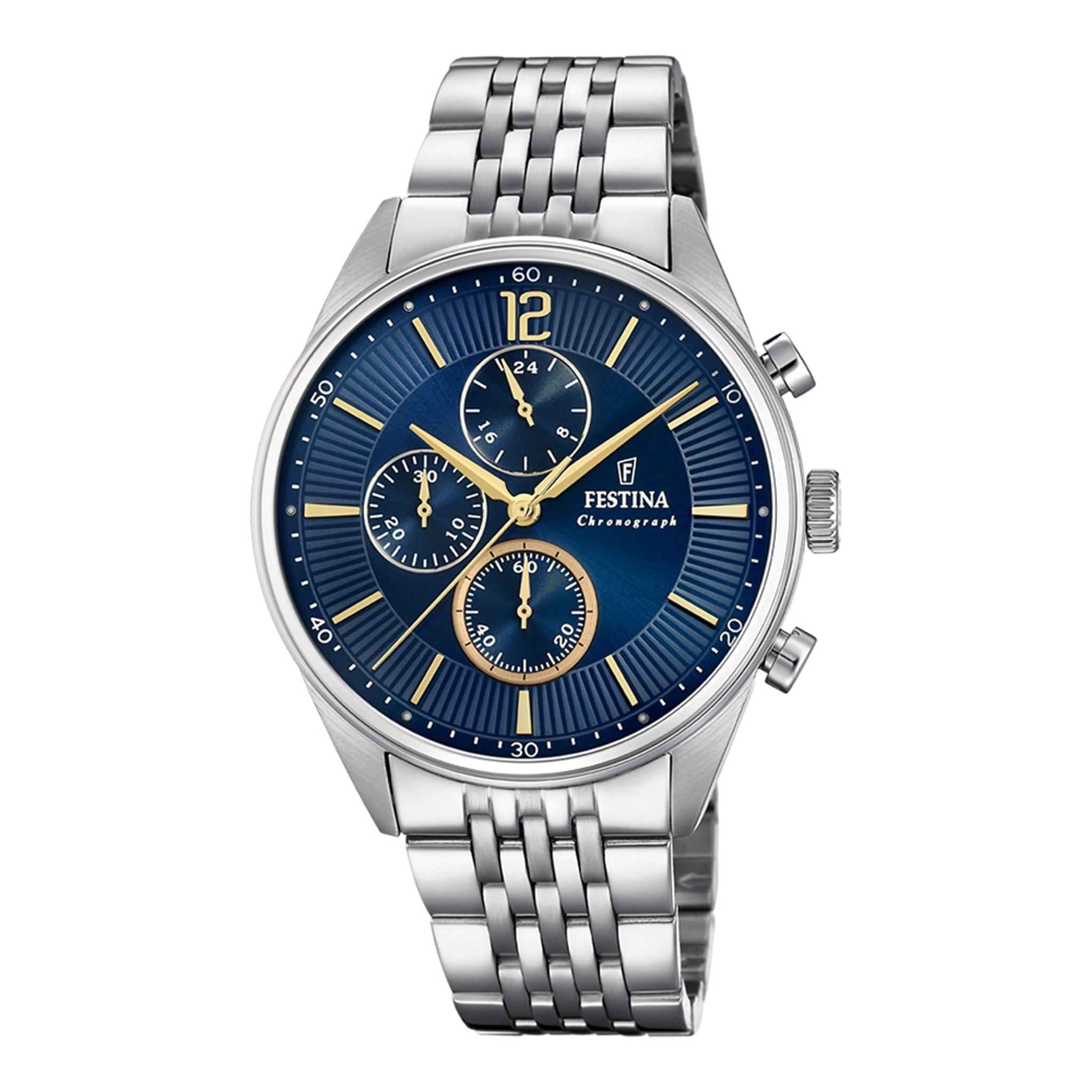 Herrenuhr Chronograph Edelstahl silber 44 mm Quarz blau/gold | Festina
