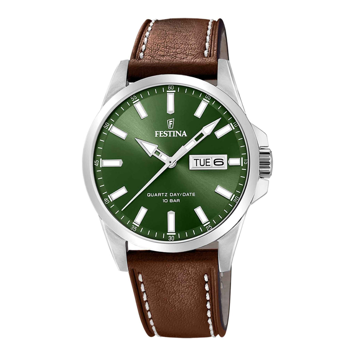 Herrenuhr Multifunktion Edelstahl grün 42 mm Lederarmband Quarz | Festina