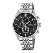 Herrenuhr Chronograph Edelstahl silber 44 mm Quarz schwarzes Zifferblatt