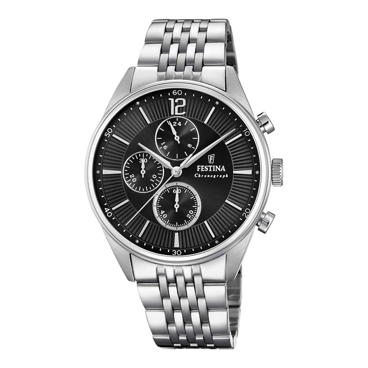 Herrenuhr Chronograph Edelstahl silber 44 mm Quarz schwarzes Zifferblatt
