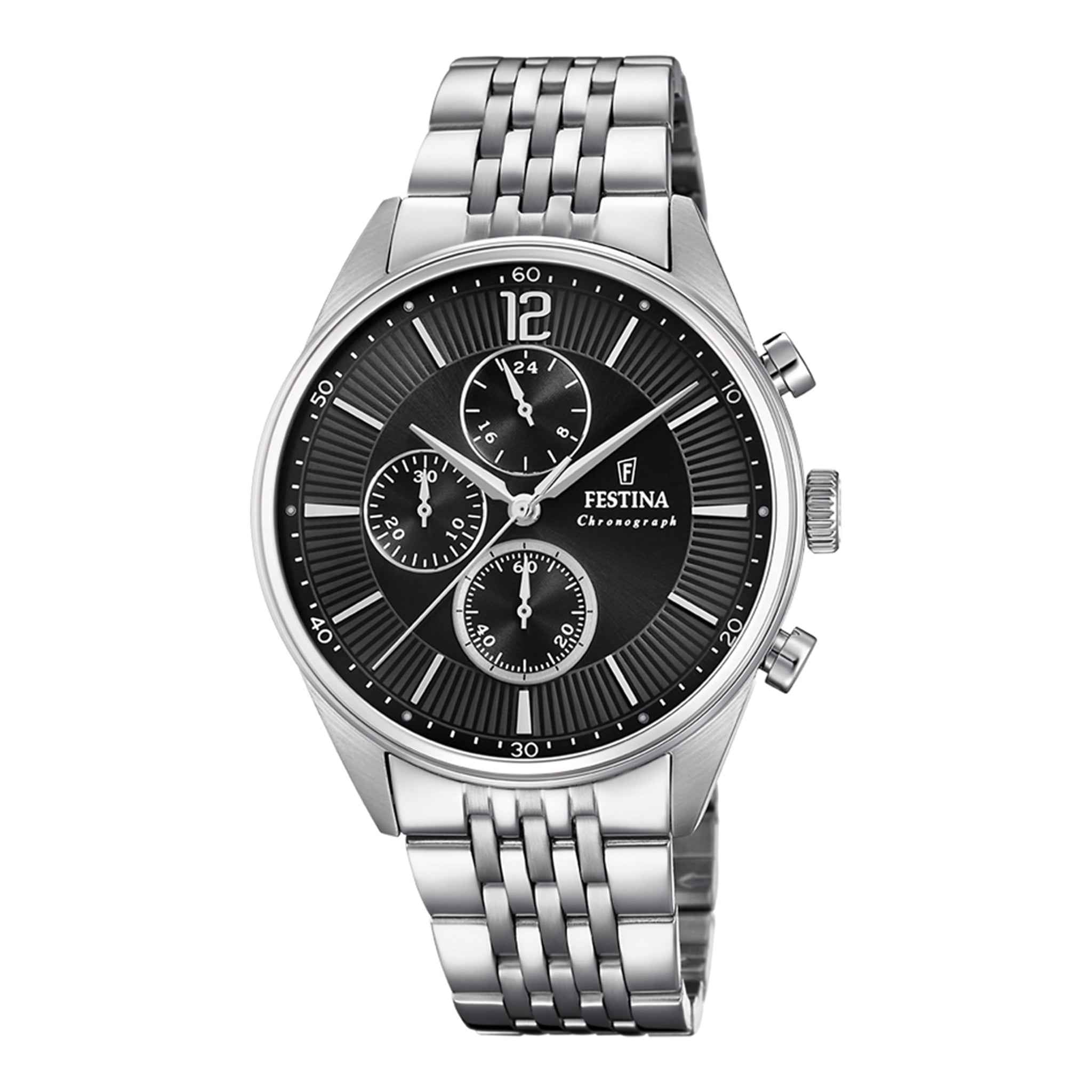 Herrenuhr Chronograph Edelstahl silber 44 mm Quarz schwarzes Zifferblatt