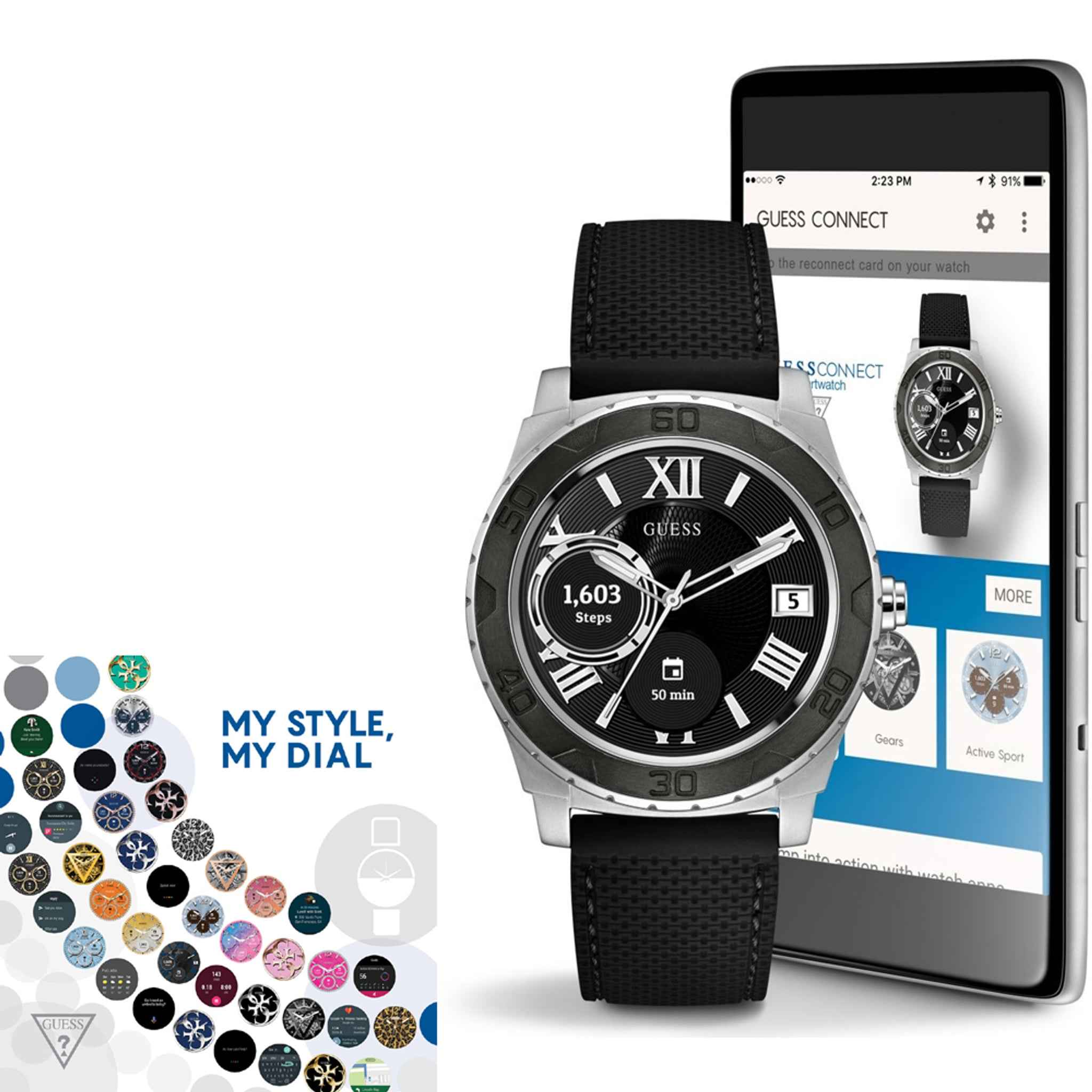 Smartwatch Guess Connect Ace Edelstahlgehäuse Silikonarmband schwarz 44 mm