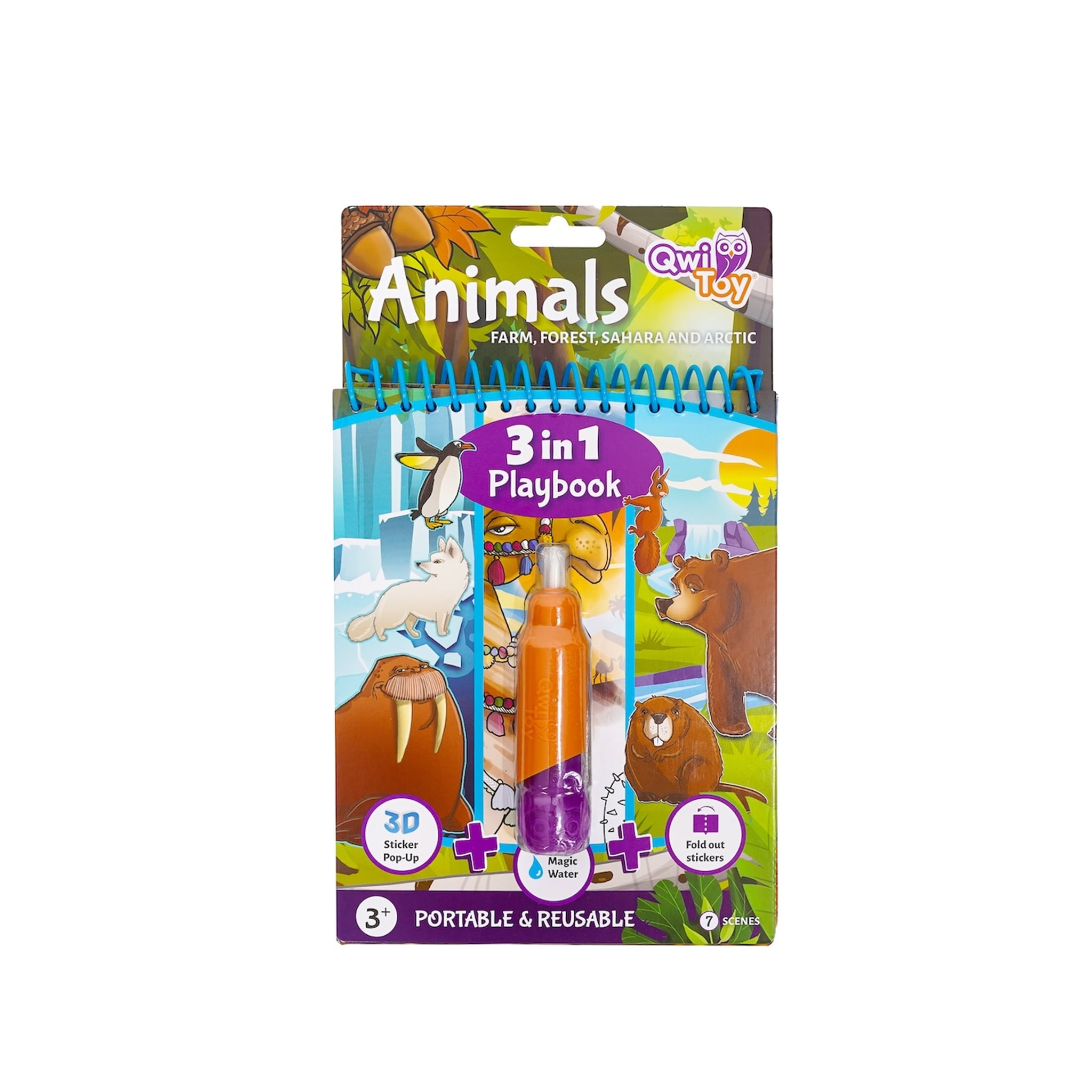 Spielbuch 3 in 1 Tiere mit Wassermalstift und Aufklebern