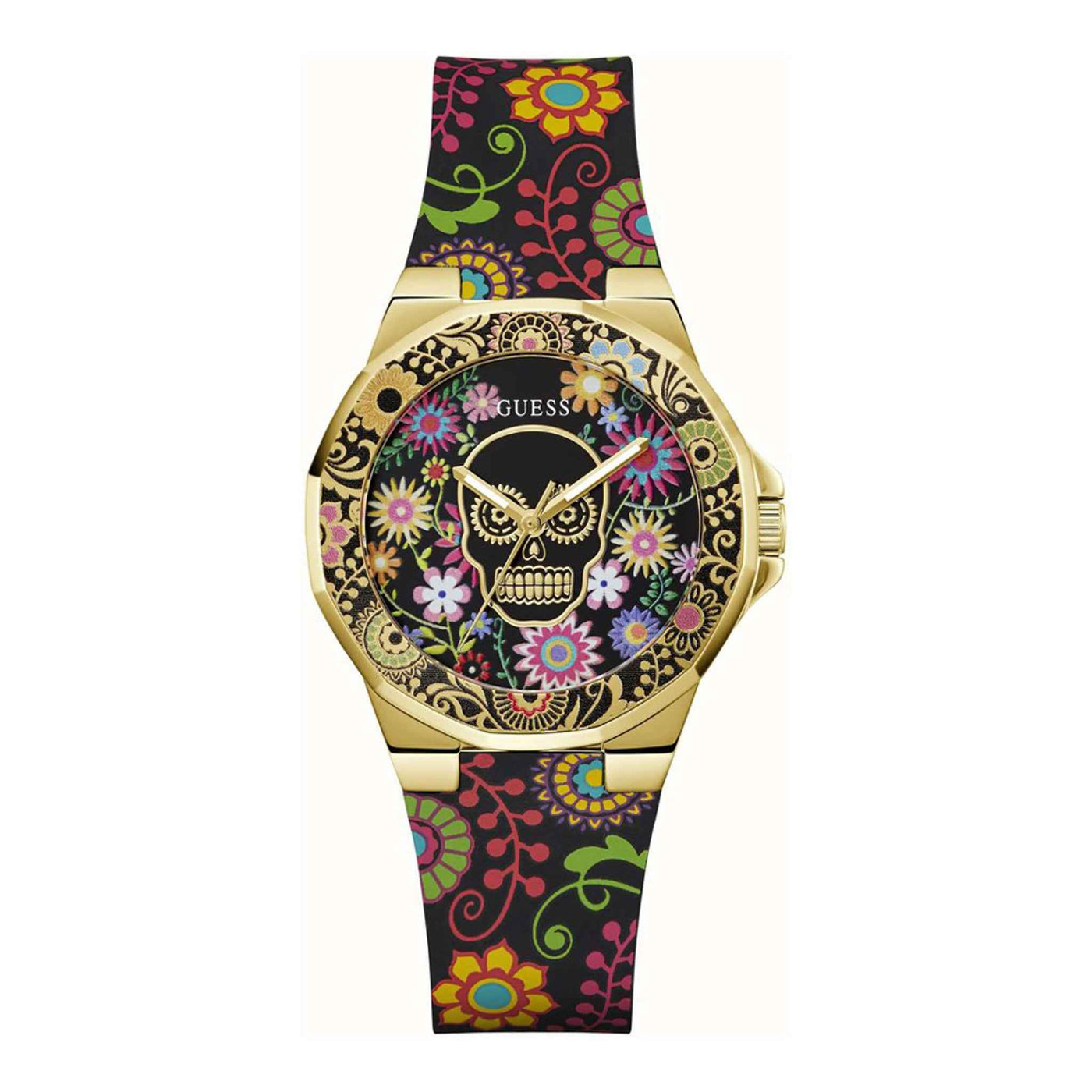 Damenuhr Calaverta Edelstahl goldfarben 36 mm Quarz Silikonarmband mehrfarbig