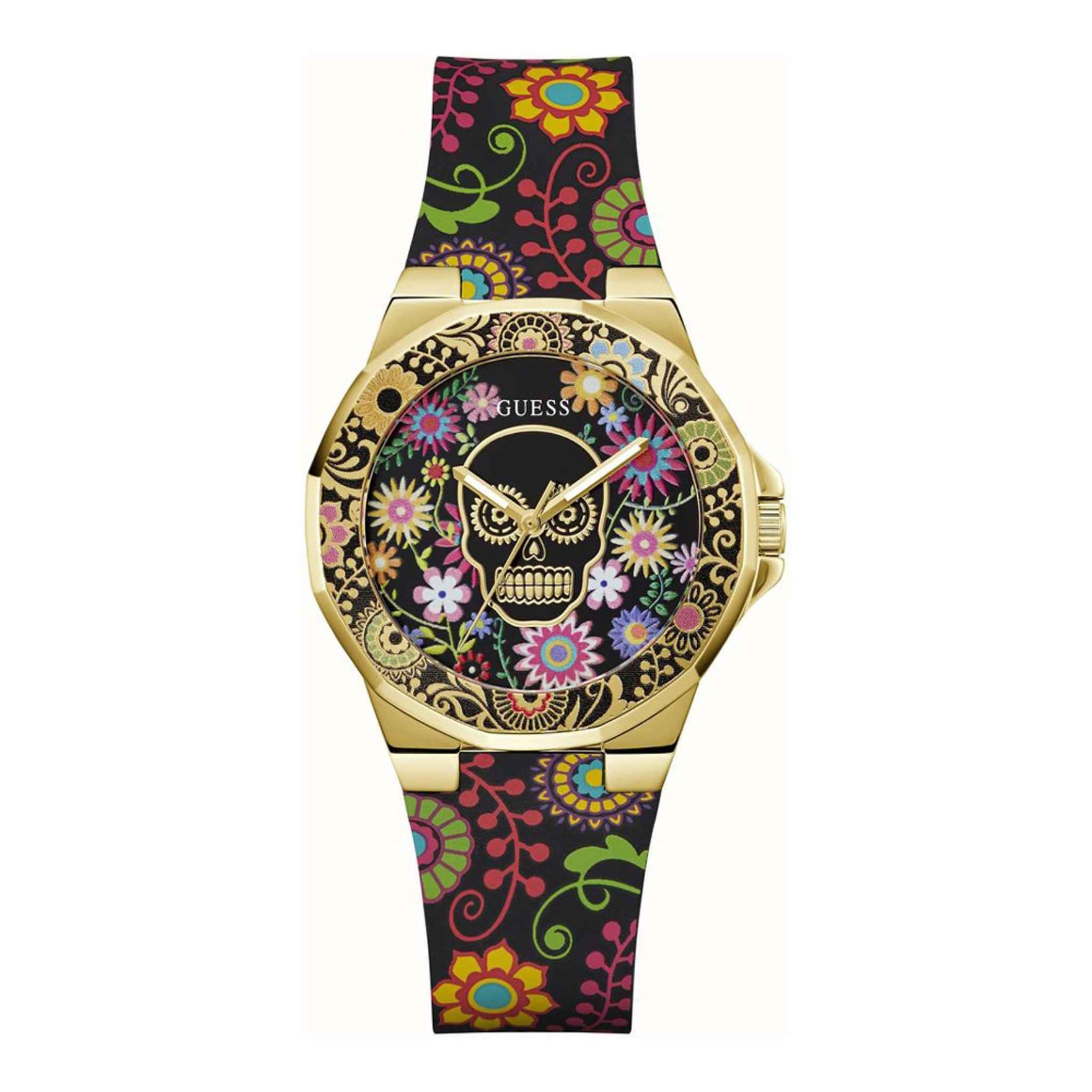 Damenuhr Calaverta Edelstahl goldfarben 36 mm Quarz Silikonarmband mehrfarbig