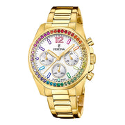 Damenuhr Chronograph Edelstahl Gold 38 mm Quarz mit Steinen | Festina