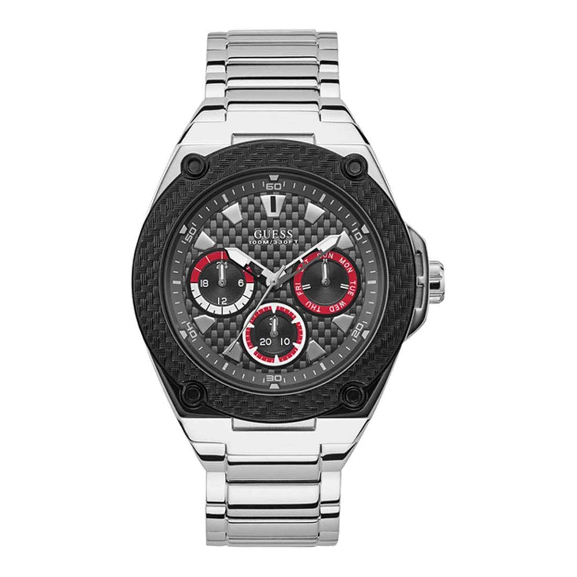 Herrenuhr Legacy Multifunktion Edelstahl 47 mm Quarz schwarz/rot | GUESS