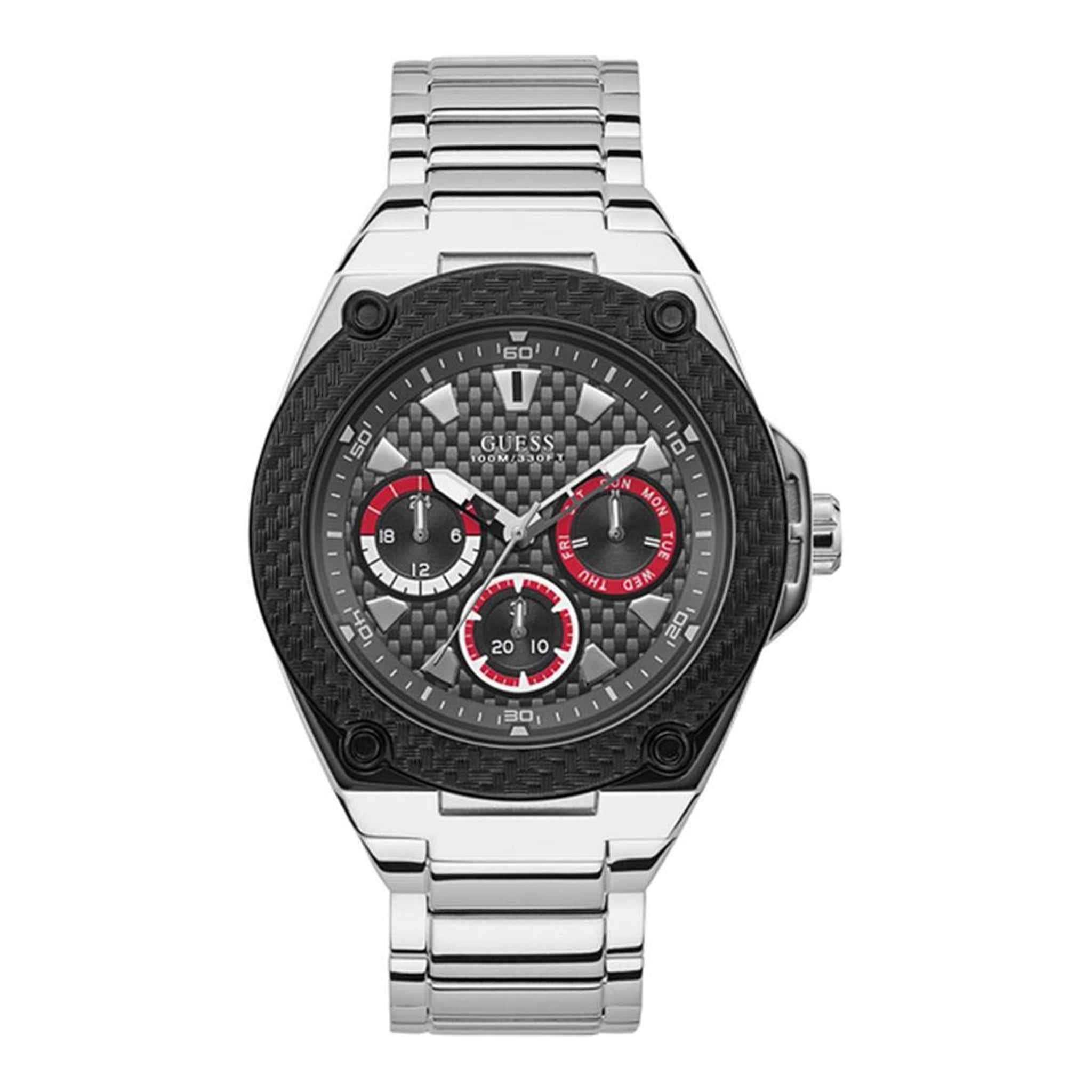 Herrenuhr Legacy Multifunktion Edelstahl 47 mm Quarz schwarz/rot | GUESS
