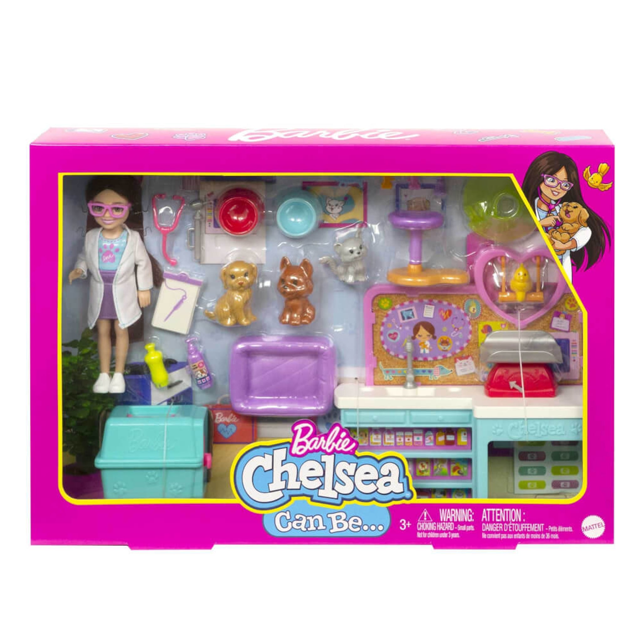 Barbie Chelsea Tierklinik Spielset mit Puppe, 4 Tieren & 18 Zubehörteilen