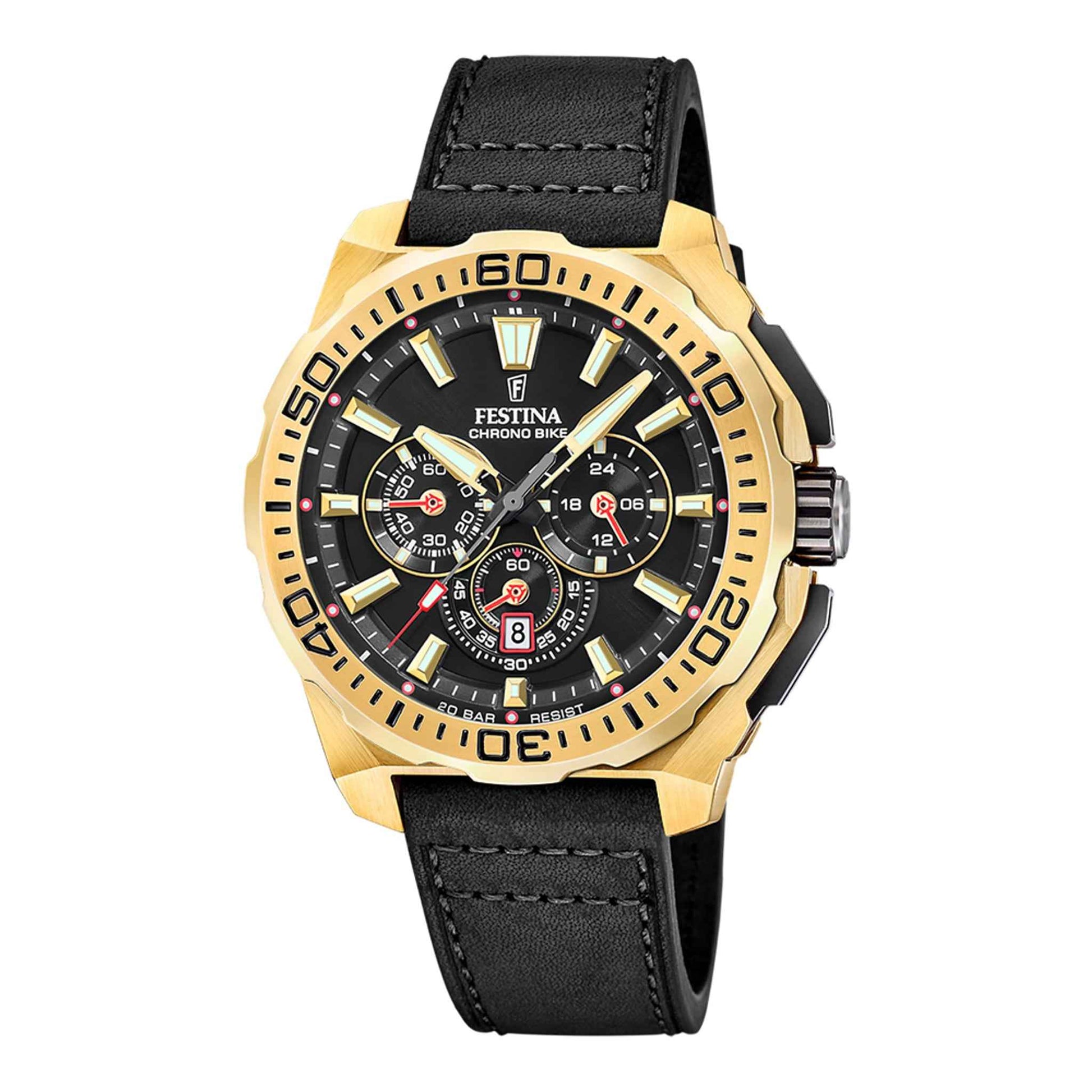 Herrenuhr Chronograph Edelstahl gold 45 mm Lederarmband schwarz wasserdicht