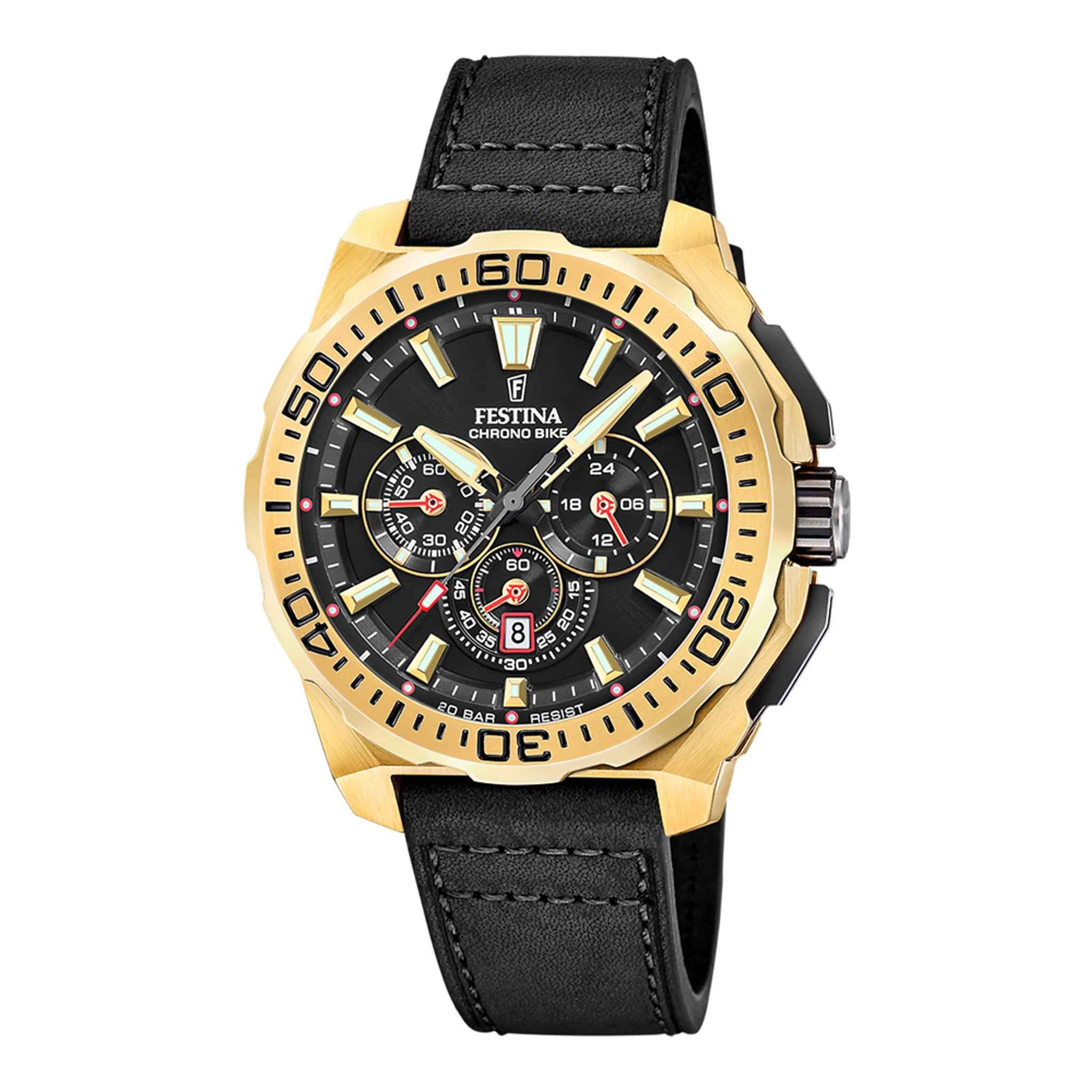 Herrenuhr Chronograph Edelstahl gold 45 mm Lederarmband schwarz wasserdicht