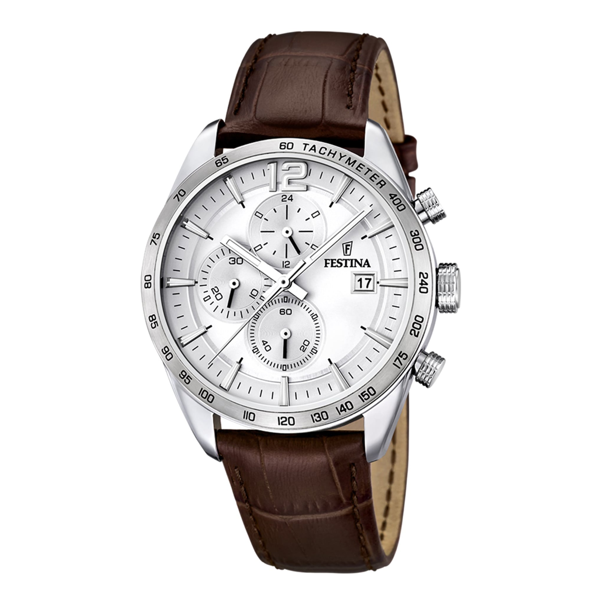 Festina Herrenuhr aus Leder in Silber, 4,4×1,1 cm