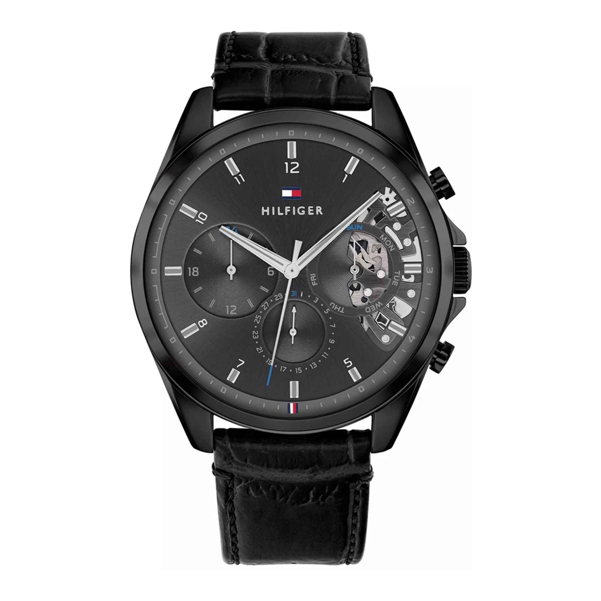 Herrenuhr Baker 44 mm Quarz Lederarmband schwarz grau | TOMMY HILFIGER