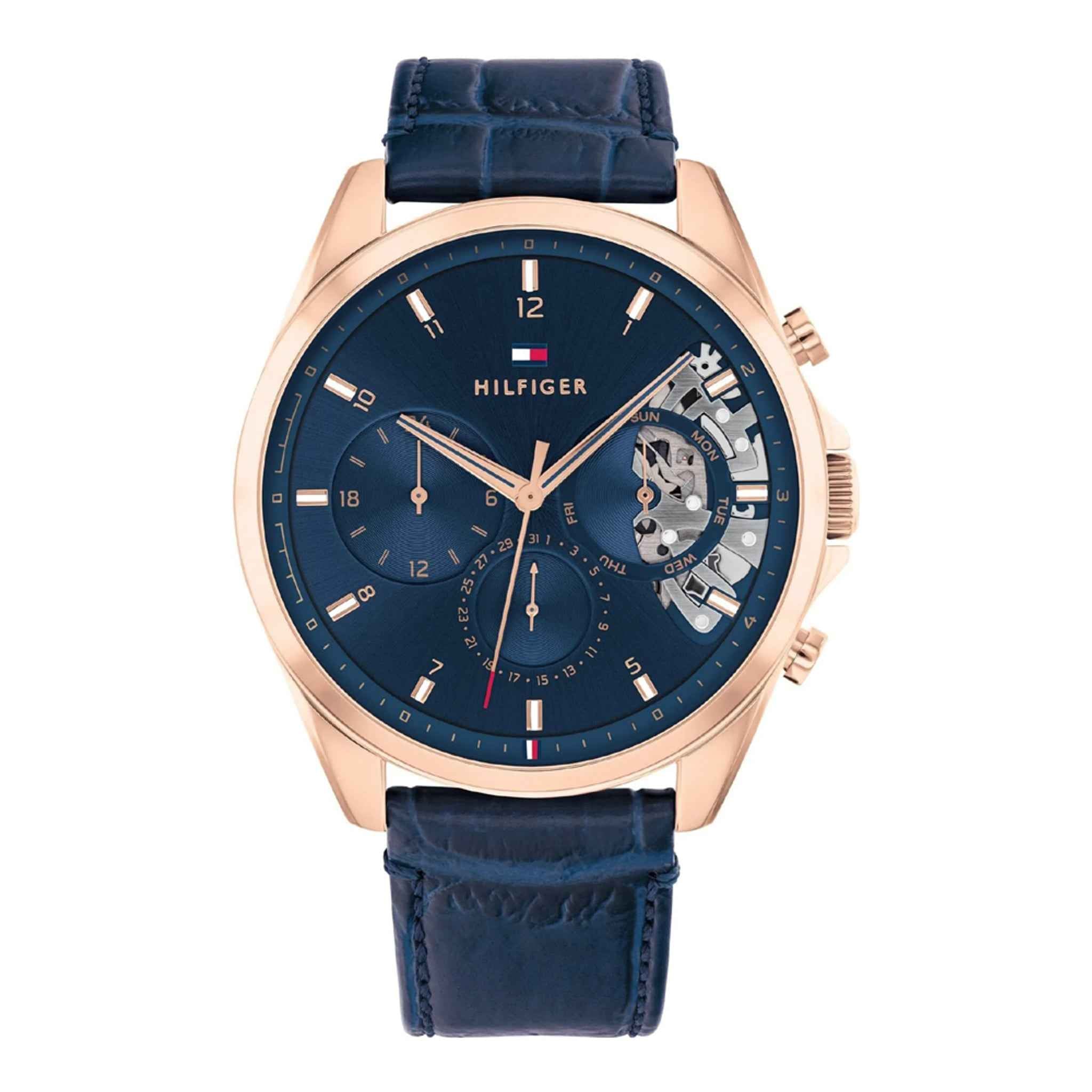 Herrenuhr Baker Edelstahl roségold 44 mm Lederarmband blau Quarz