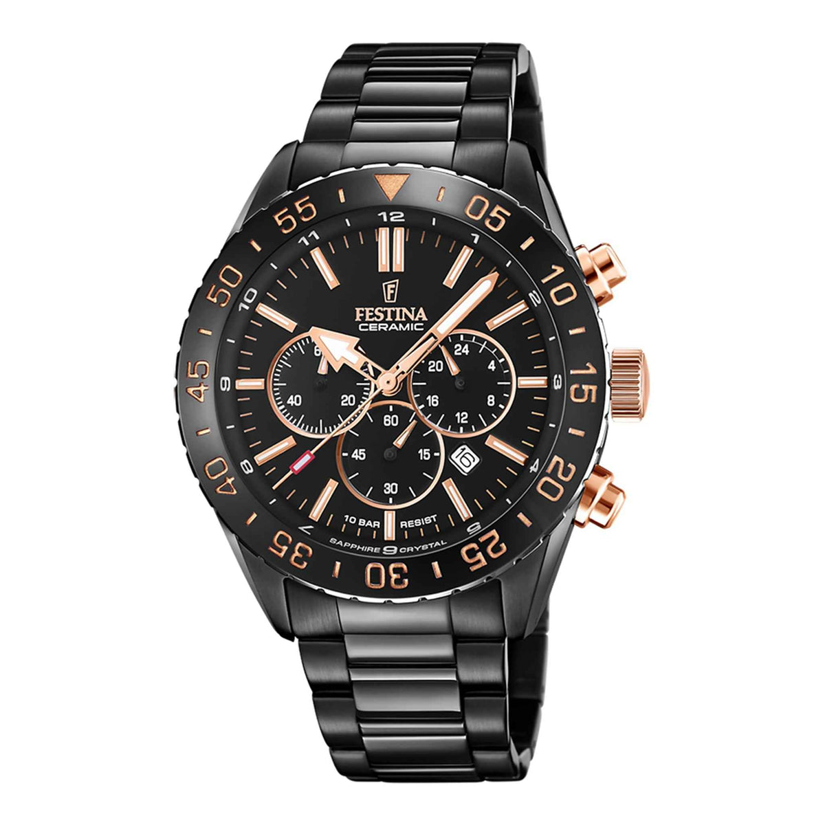 Herrenuhr Chronograph Edelstahl schwarz roségold 44 mm Keramik-Lünette | Festina
