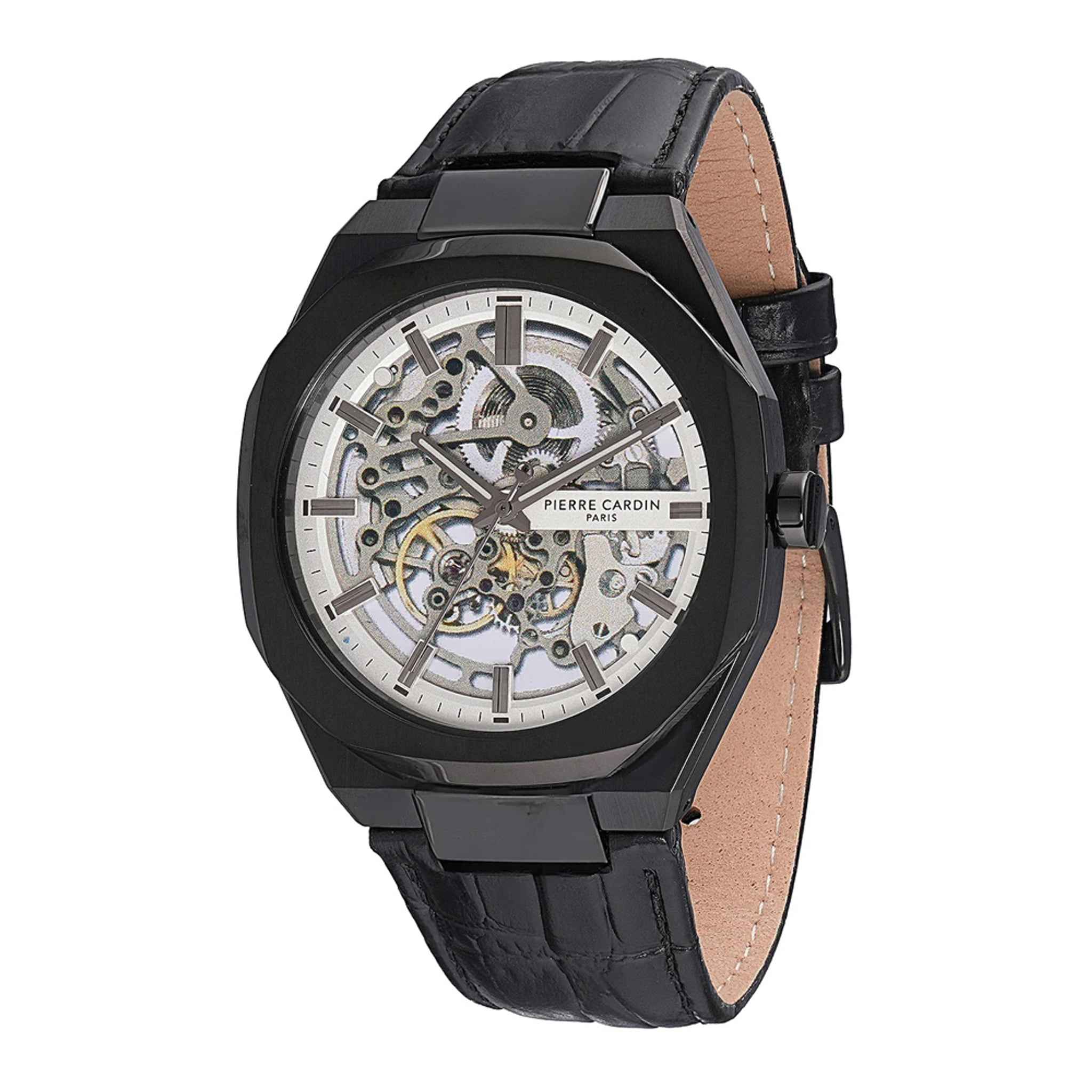 Herrenuhr Automatik Elysee 42 mm Edelstahl schwarz Lederarmband | PIERRE CARDIN