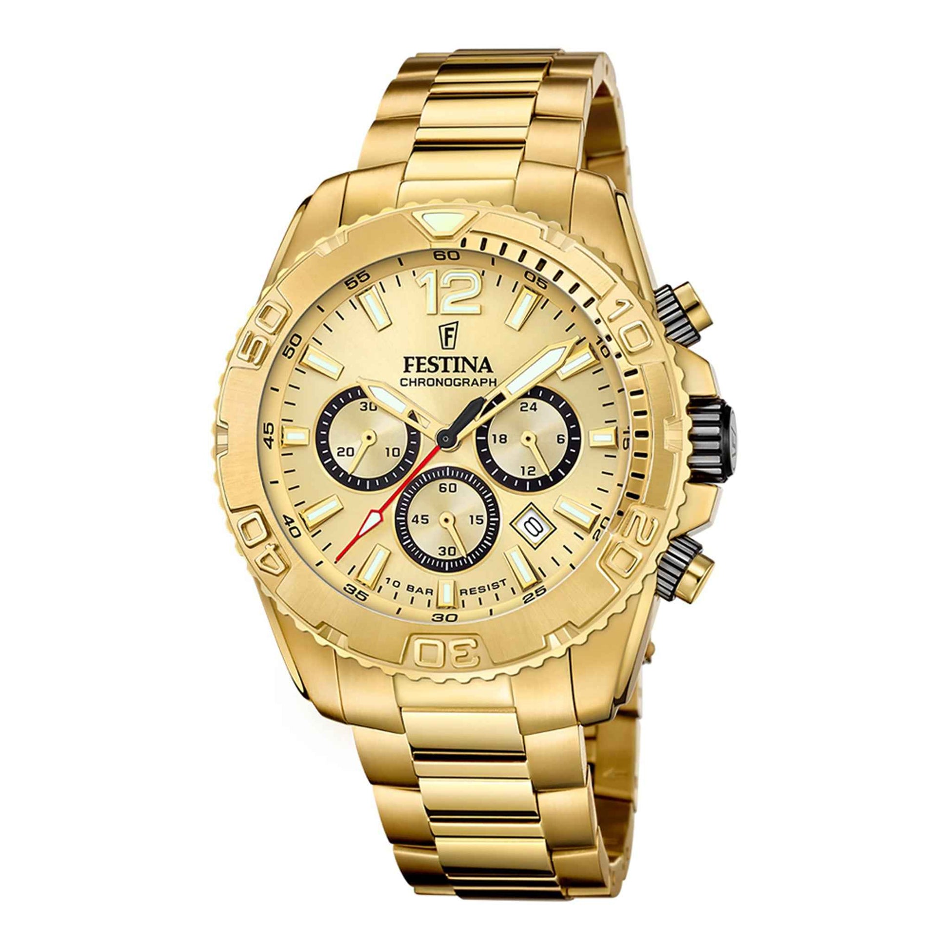 Herrenuhr Chronograph Edelstahl gold 45 mm Quarz Datumsanzeige | Festina