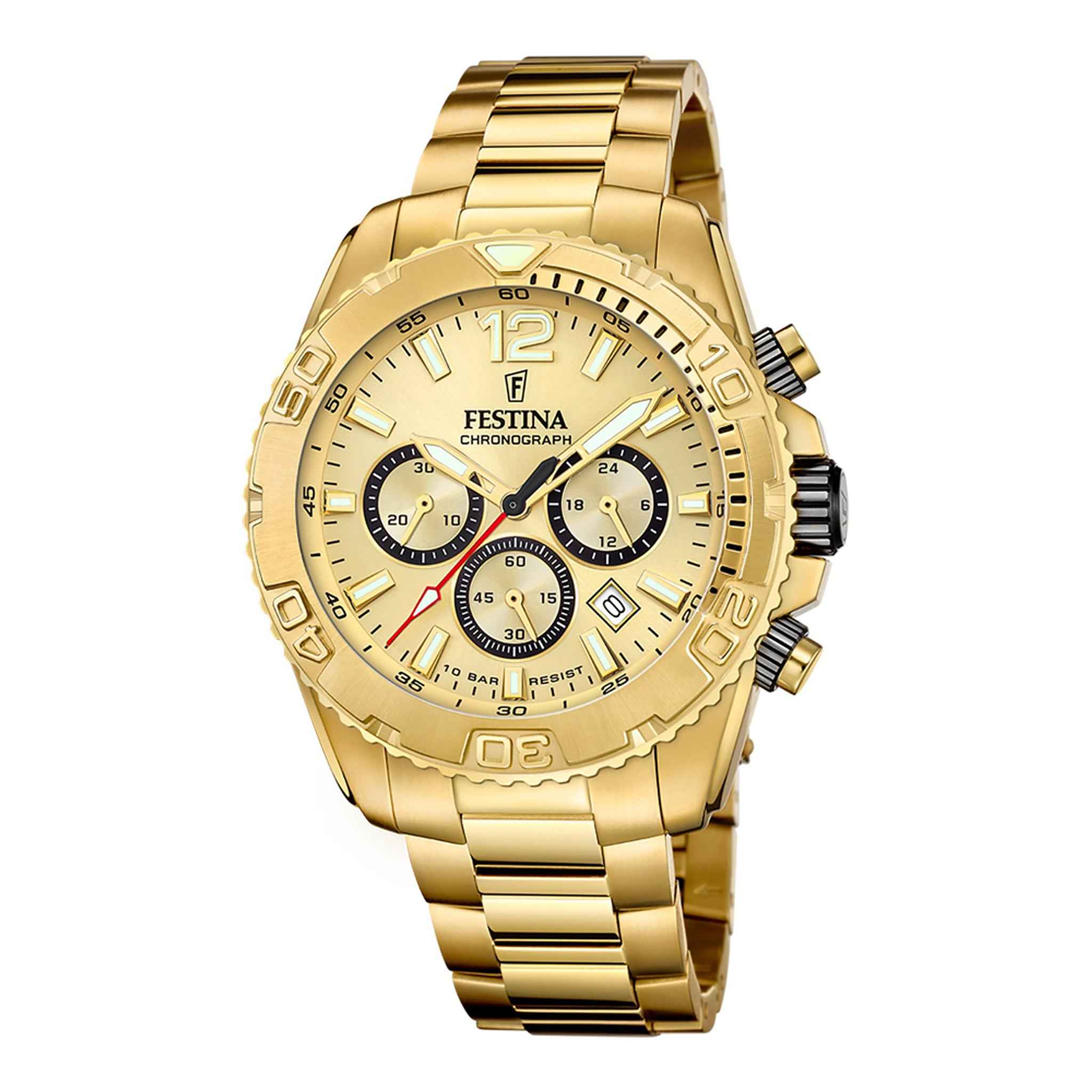 Herrenuhr Chronograph Edelstahl gold 45 mm Quarz Datumsanzeige | Festina