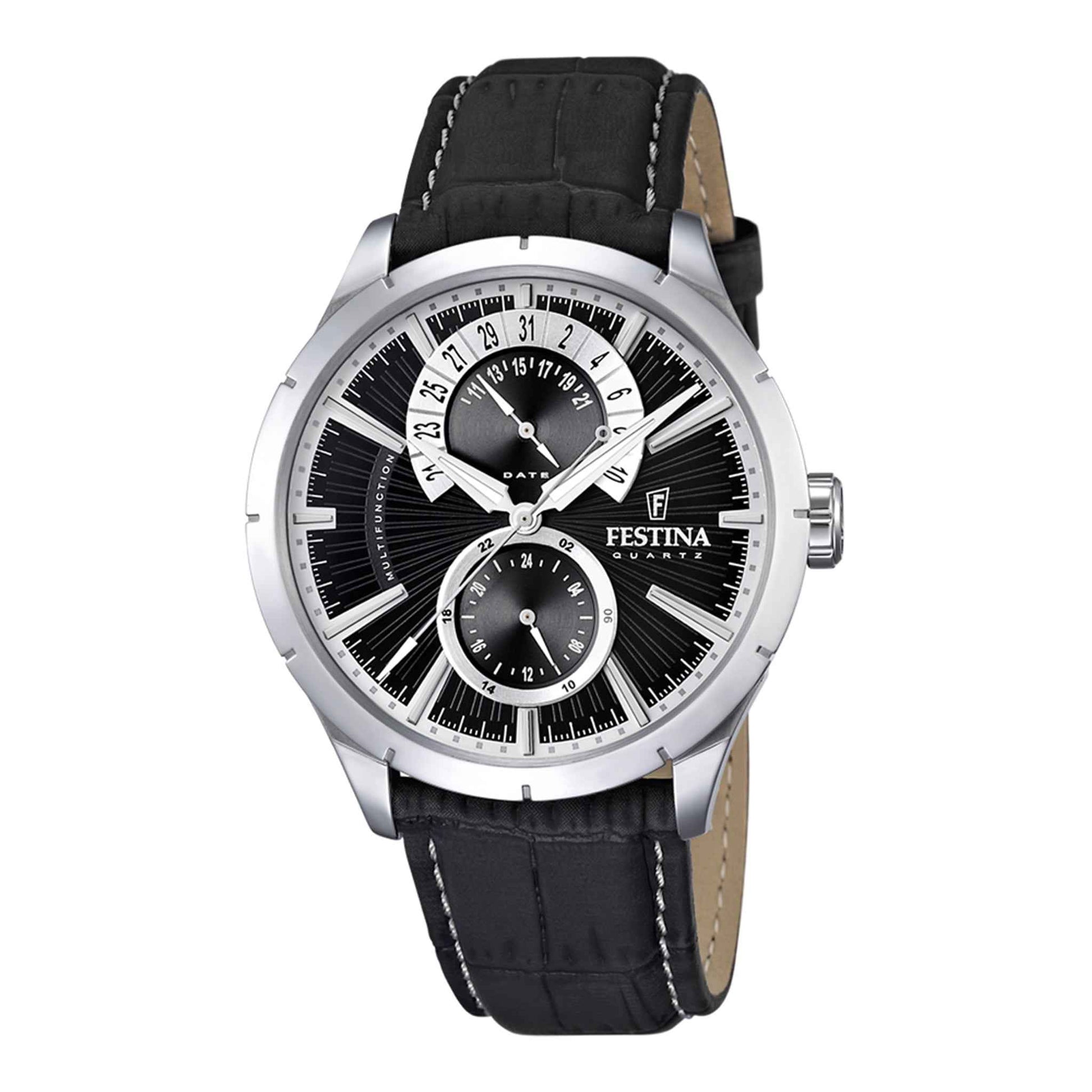 Herrenuhr Multifunktion Edelstahl 46 mm Lederarmband Quarz | Festina