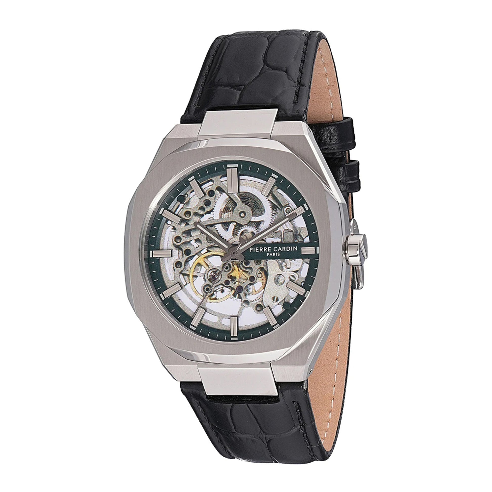 PIERRE CARDIN Armbanduhr aus Leder in Grün, 42 mm