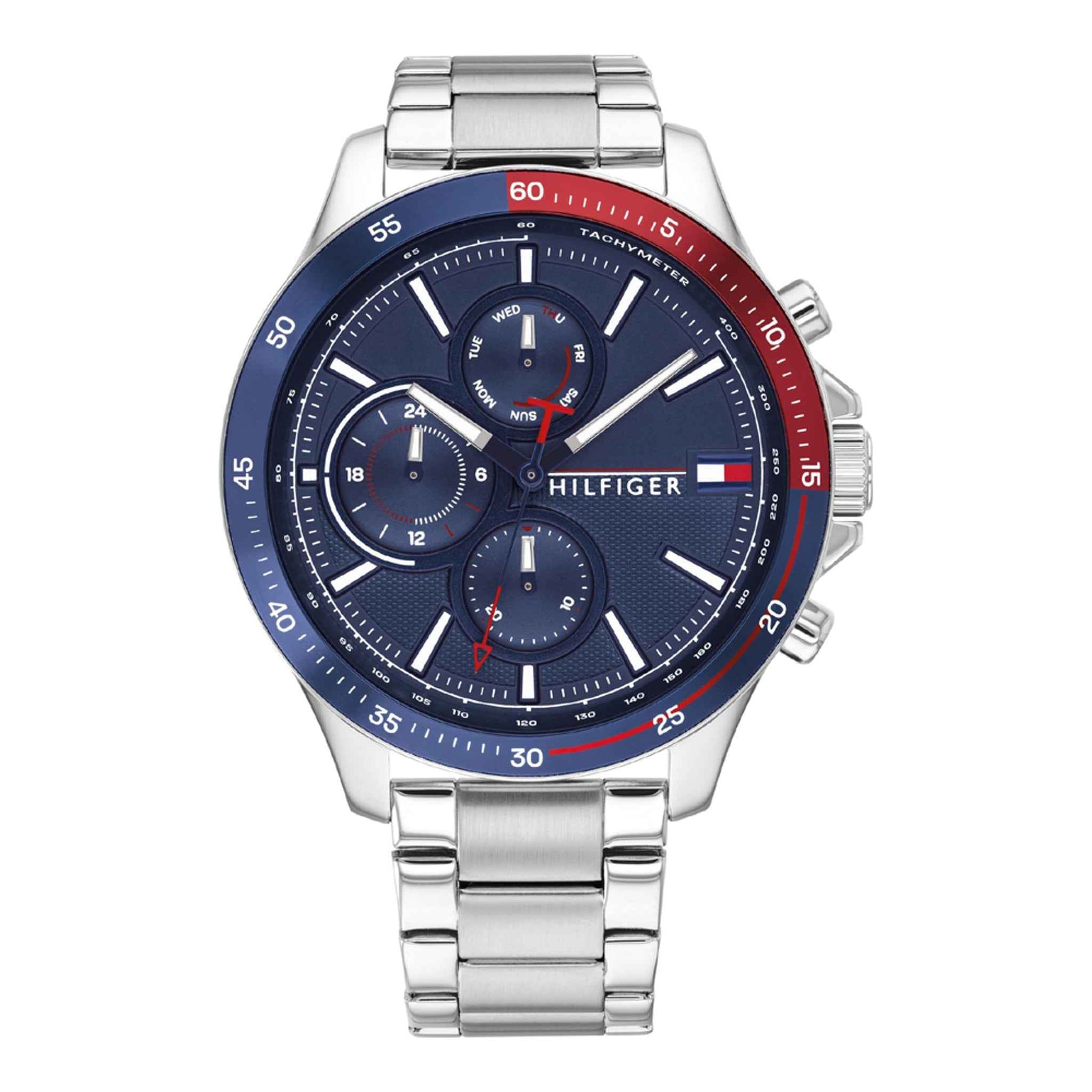 Herrenuhr Chronograph Edelstahl silber 46 mm Quarz blau rot | Tommy Hilfiger