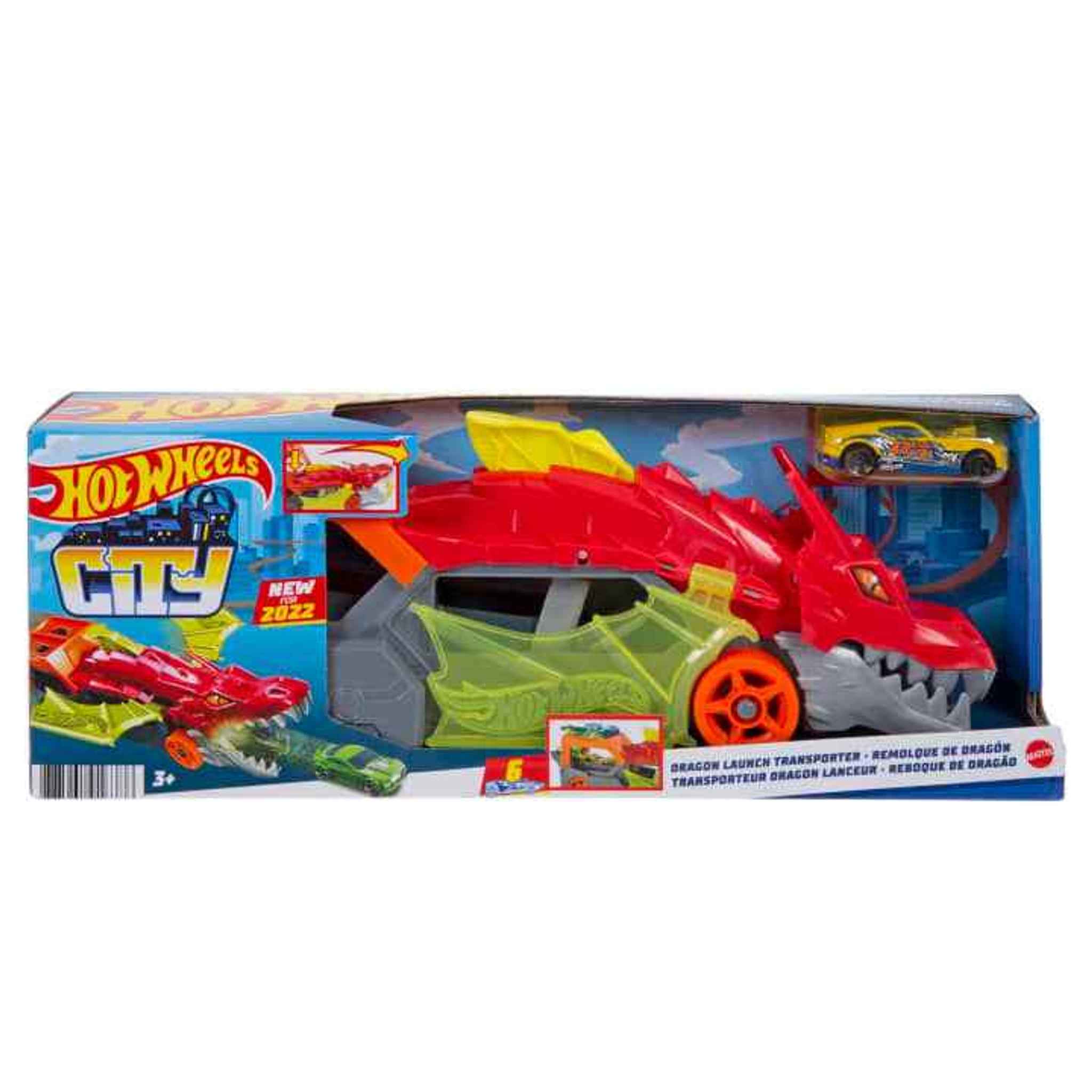 Spielzeugauto Drachenabschusstransporter Hot Wheels City rot inkl. Fahrzeug