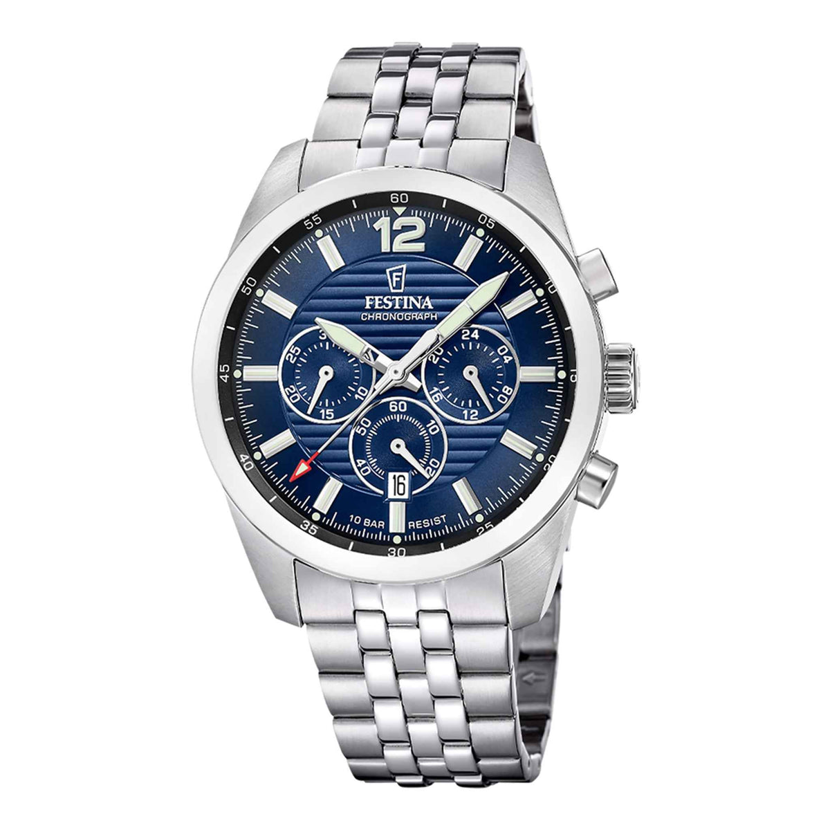 Herrenuhr Chronograph Edelstahl silber 44 mm Quarz blau | Festina