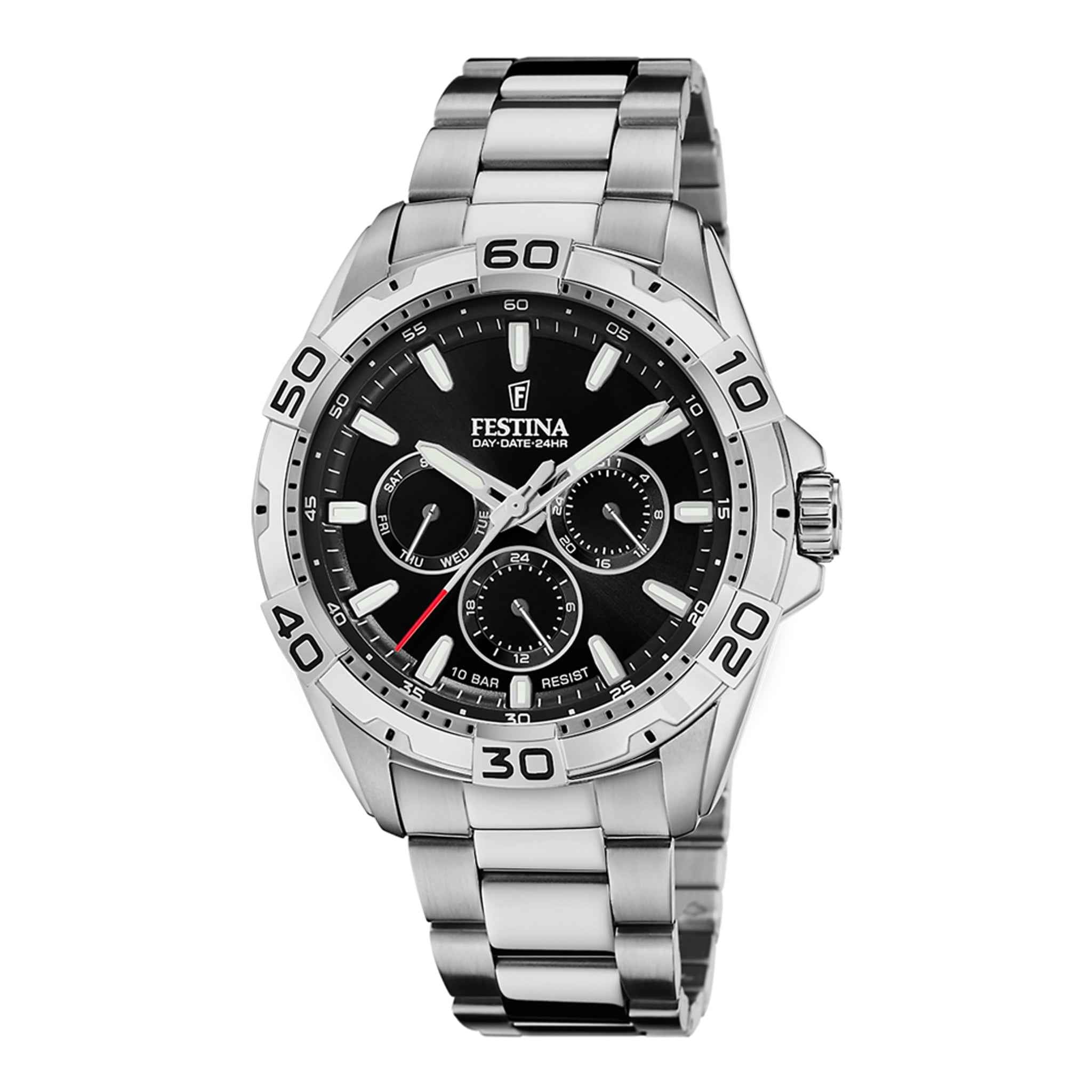 Herrenuhr Multifunktion Edelstahl silber 44 mm Quarz schwarzes Zifferblatt