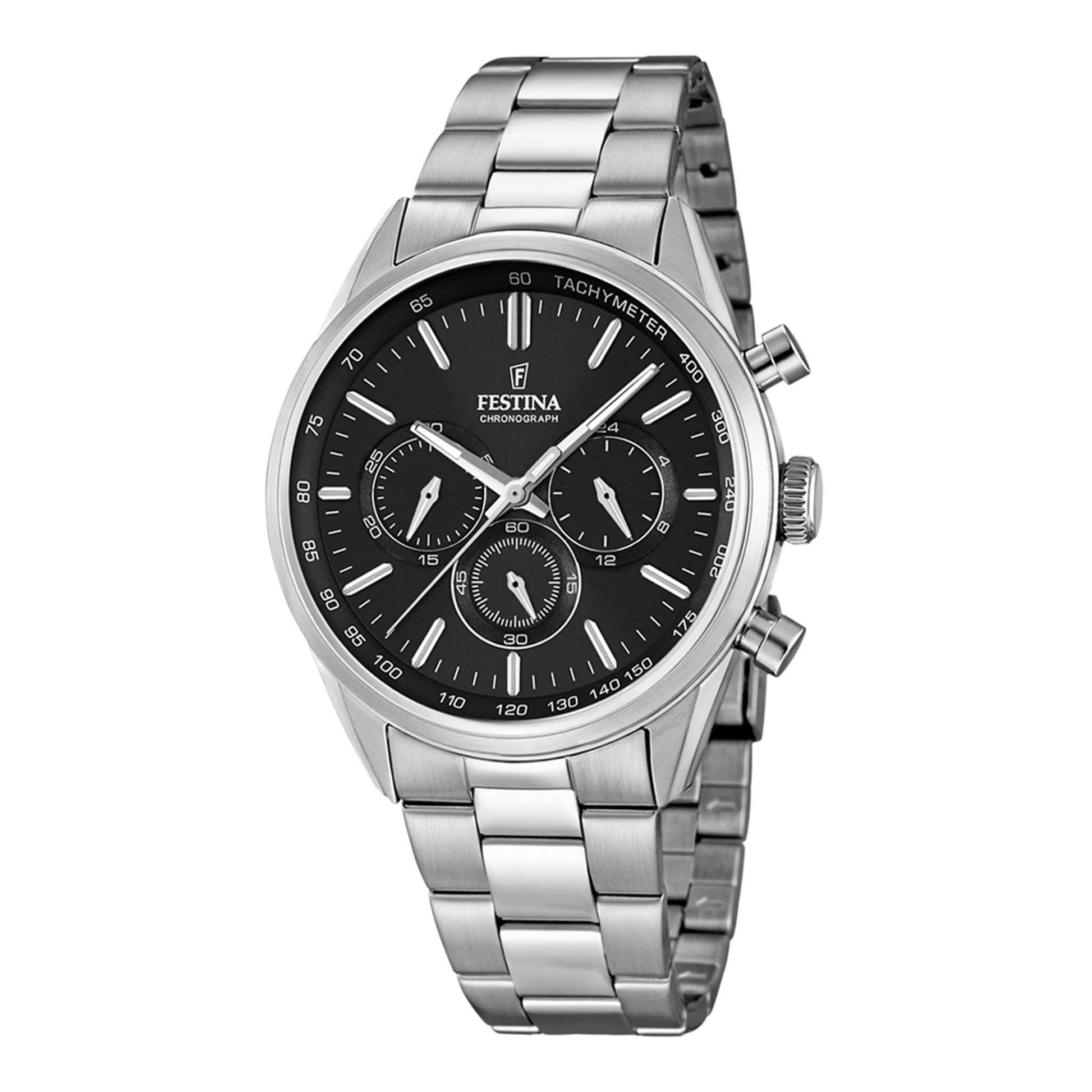 Herrenuhr Chronograph Edelstahl silber 44 mm Quarz schwarzes Zifferblatt