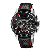 Herrenuhr Chronograph Edelstahl silber 45 mm Lederarmband schwarz | Festina