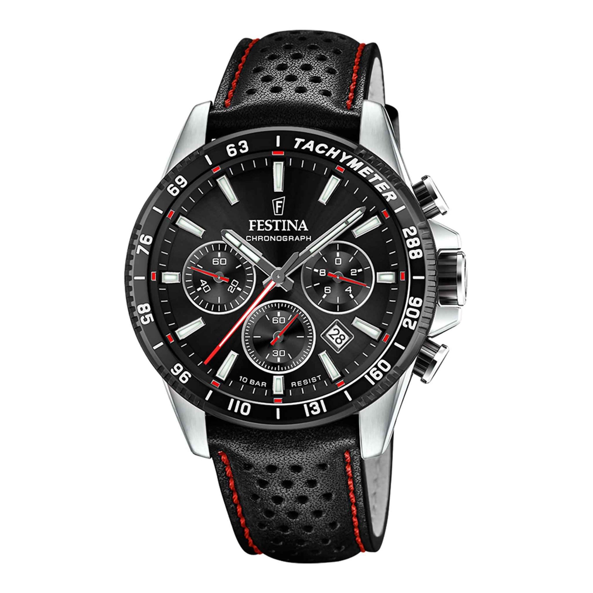 Herrenuhr Chronograph Edelstahl silber 45 mm Lederarmband schwarz | Festina