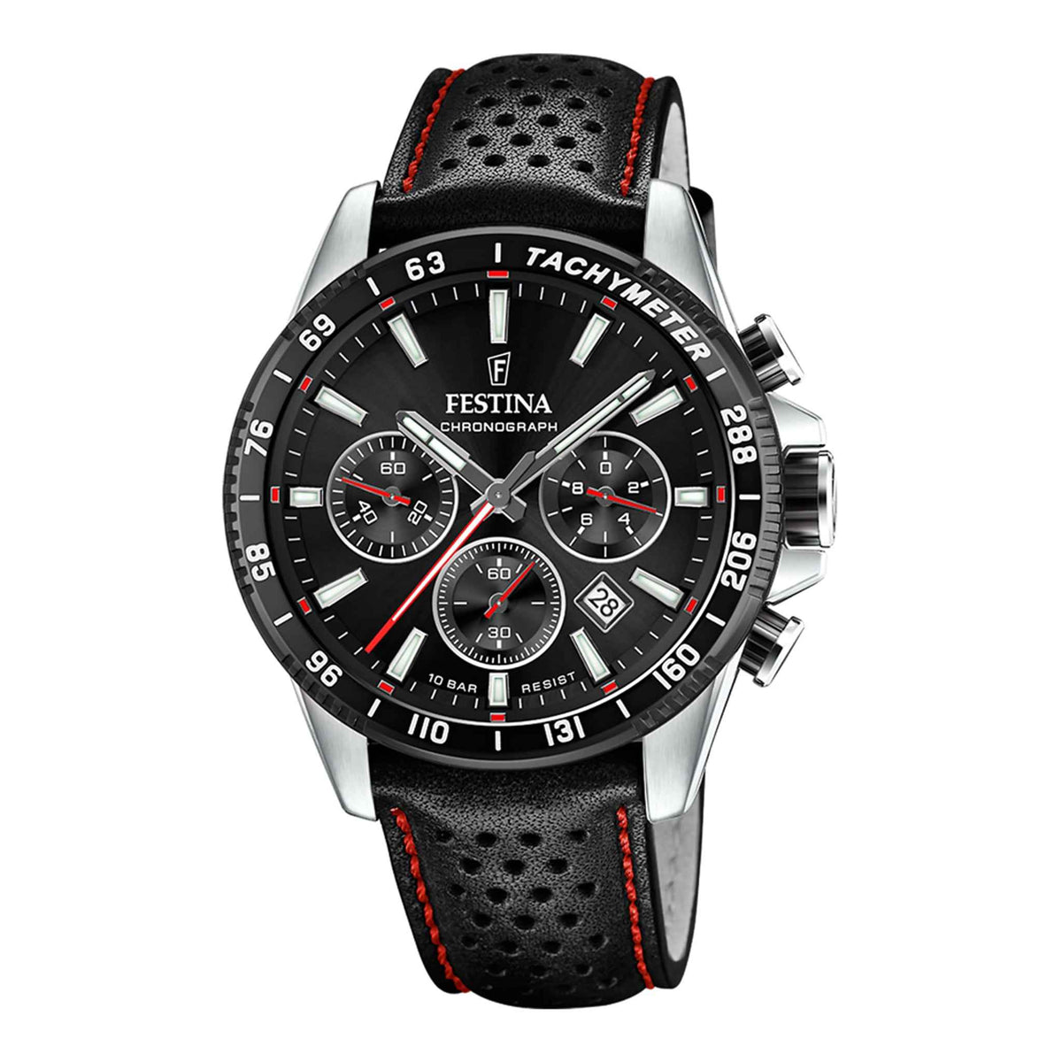 Herrenuhr Chronograph Edelstahl silber 45 mm Lederarmband schwarz | Festina