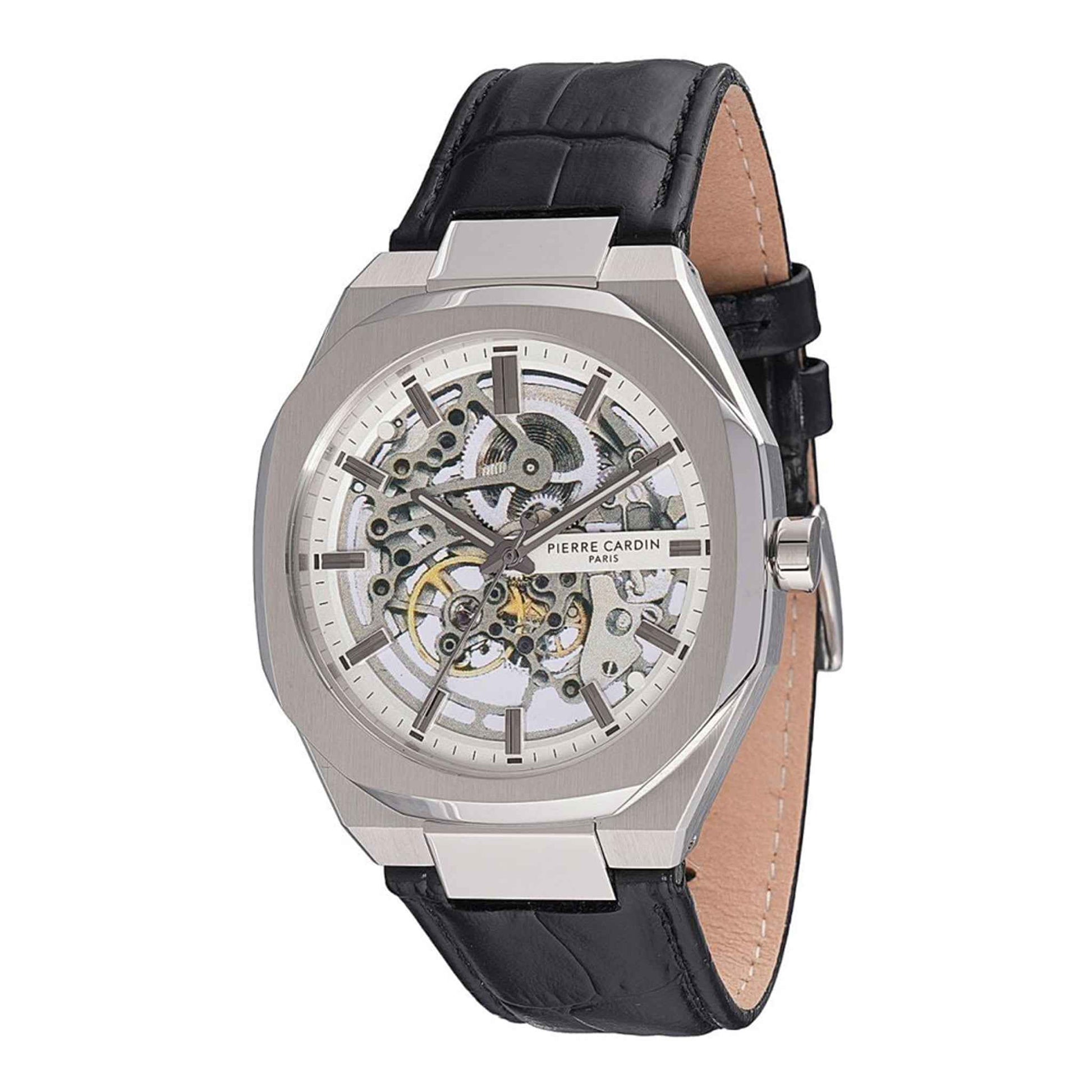 Herrenuhr Automatik Edelstahl silber 42 mm Lederarmband skelettiert