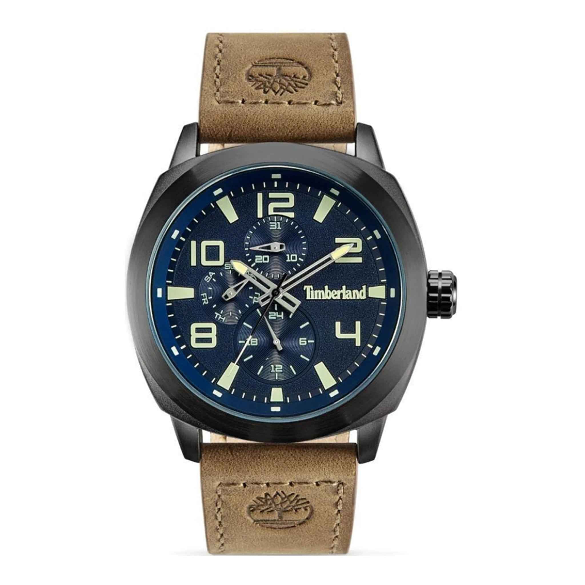 Herrenuhr Brantford Quarz 46 mm Edelstahl schwarz Lederarmband blau | TIMBERLAND
