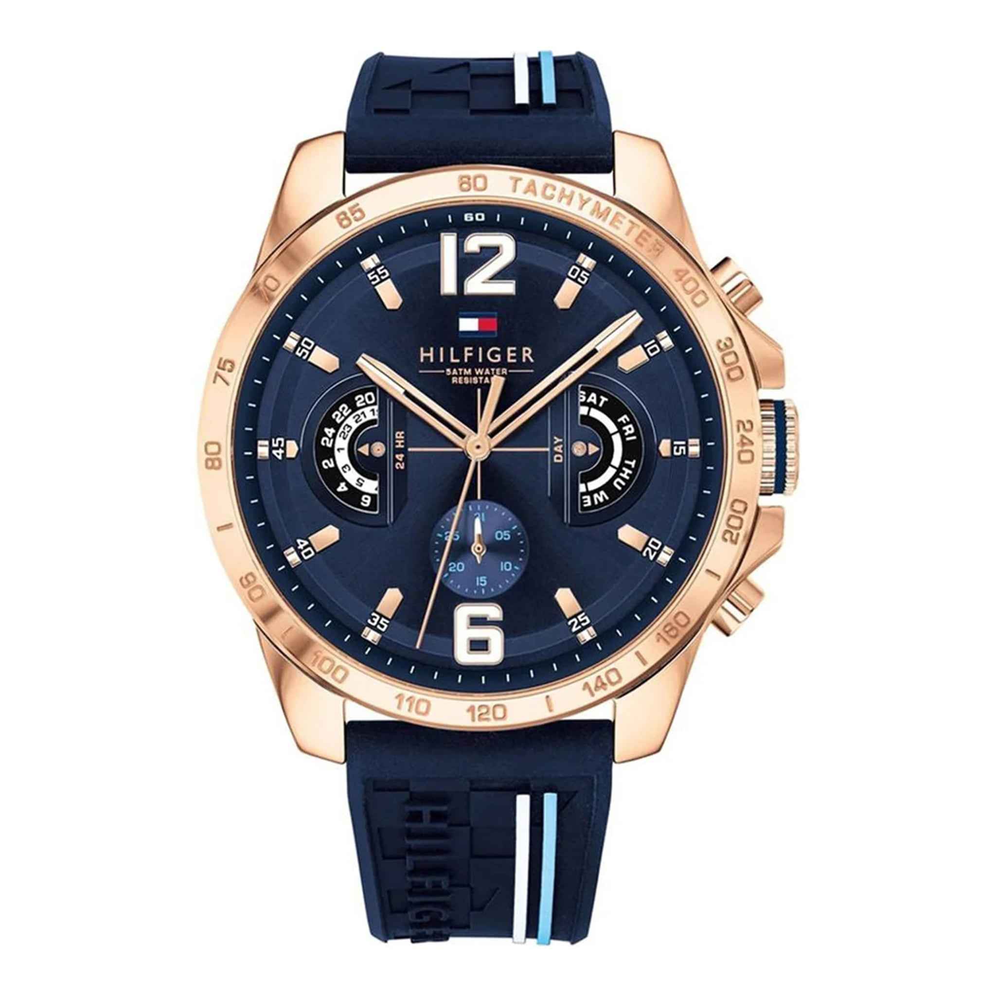Herrenuhr Decker Multifunktion Edelstahl roségold 46 mm Silikonarmband blau