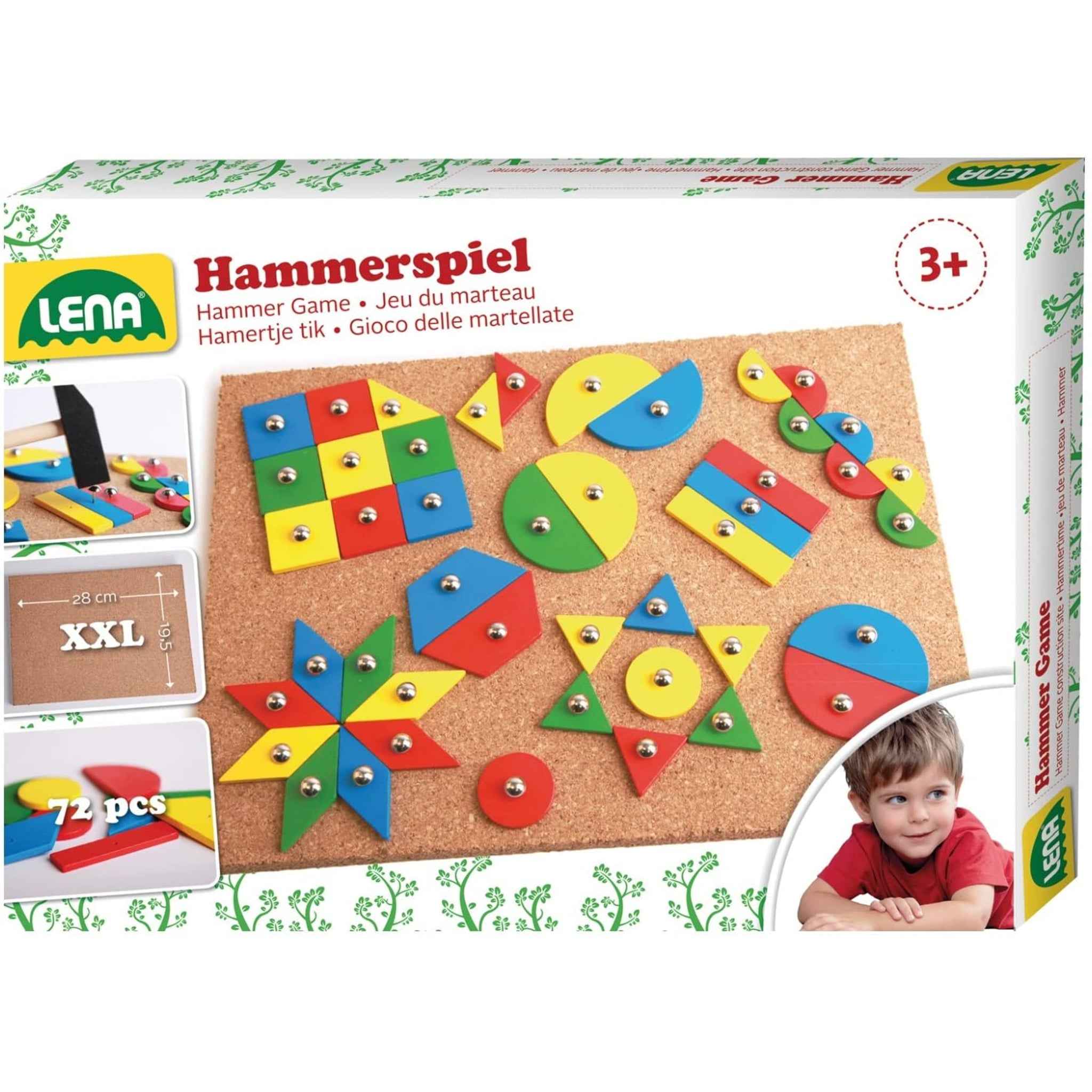 Hammerspiel mit Korkplatte 72 Plättchen 9 Formen mehrfarbig