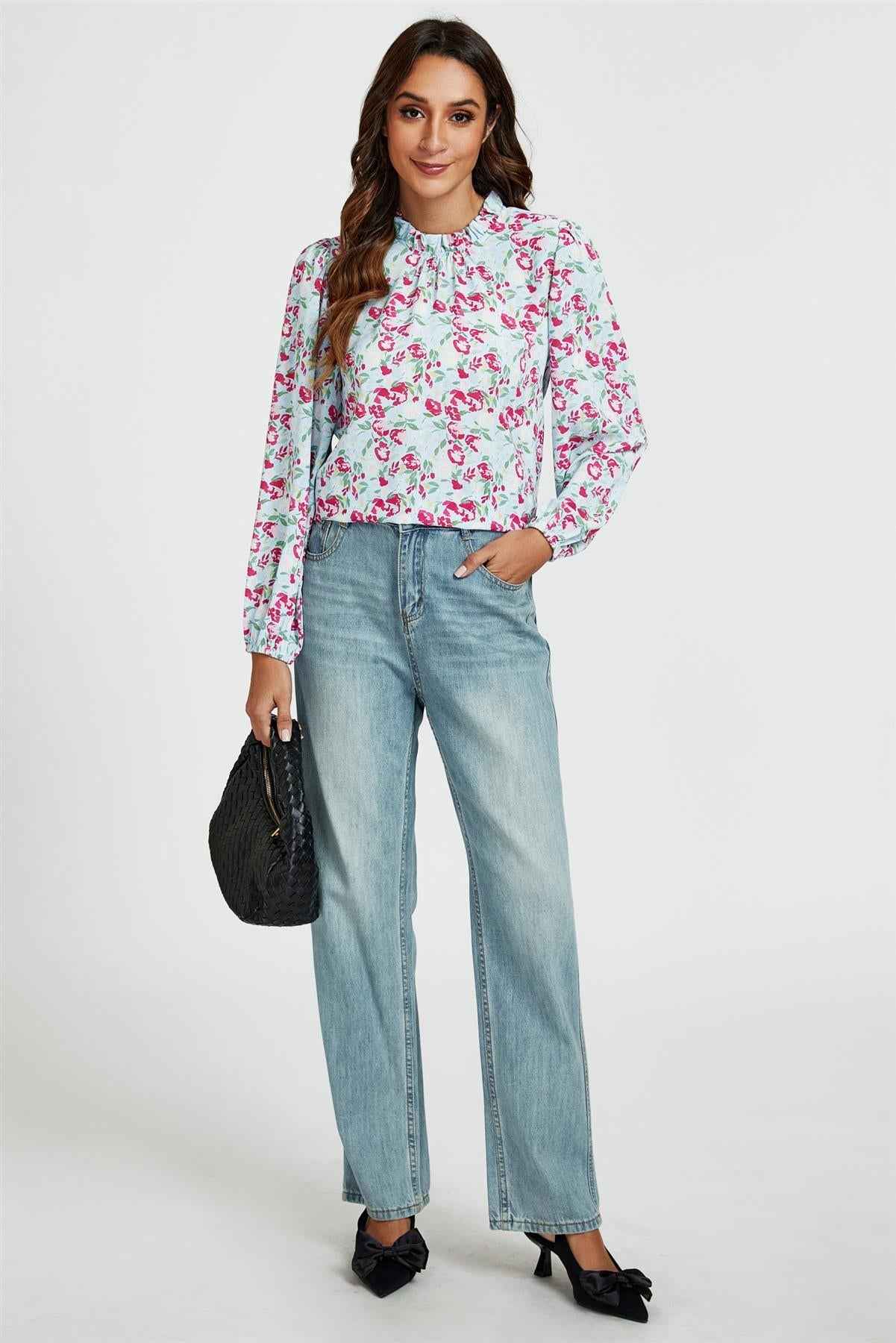 Floral Print Frill Detail High Neck Top In Blue & Pink