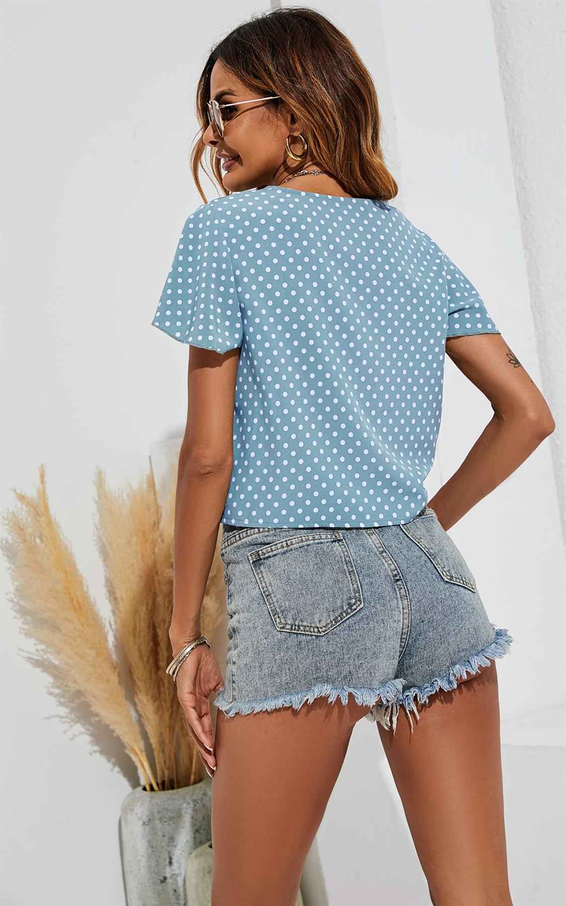 Cute Tie Knot Front Buttoned Crop T Shirt Top In Blue & White Polka Dot Print