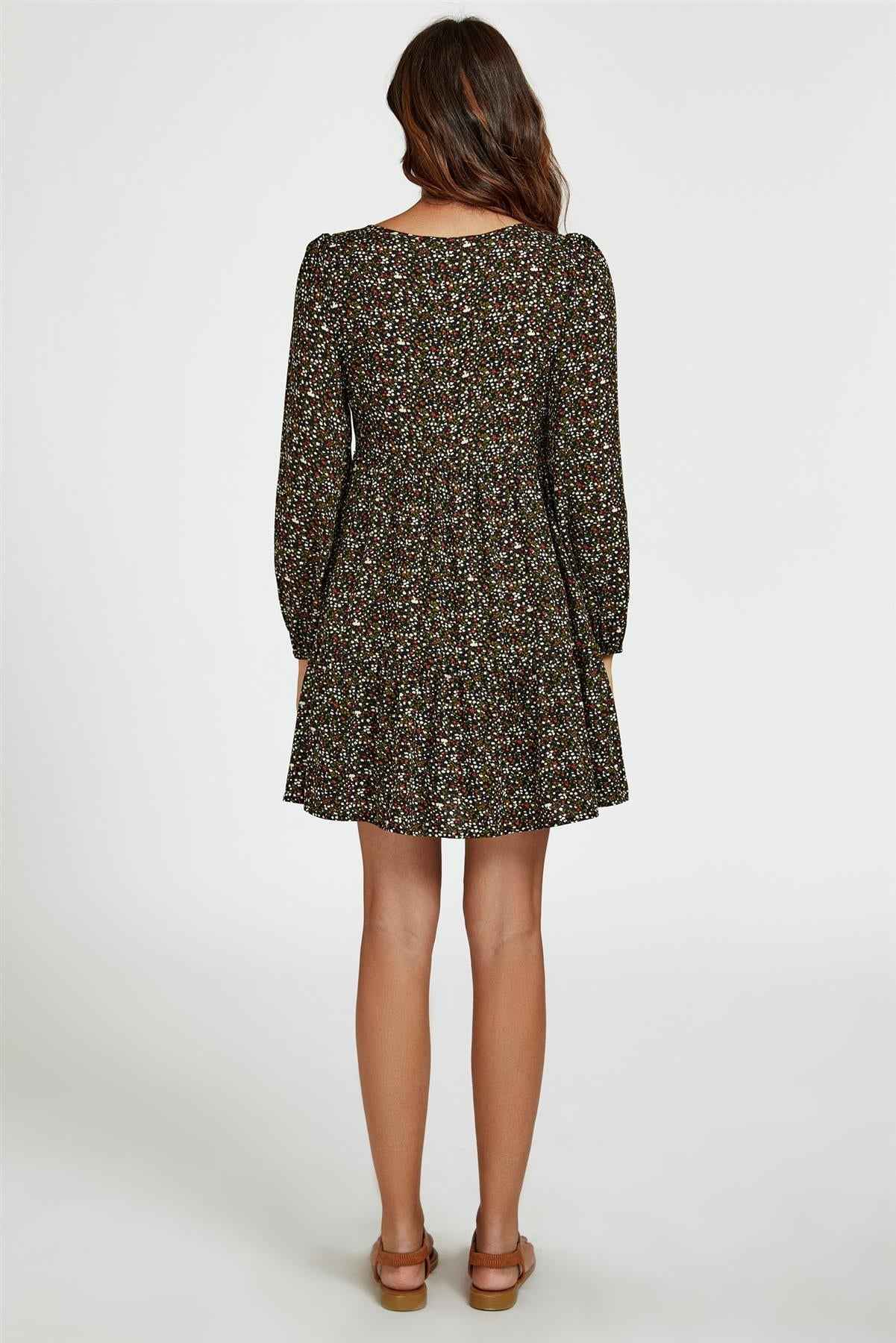 Little Floral Print Square Neck Mini Dress In Black