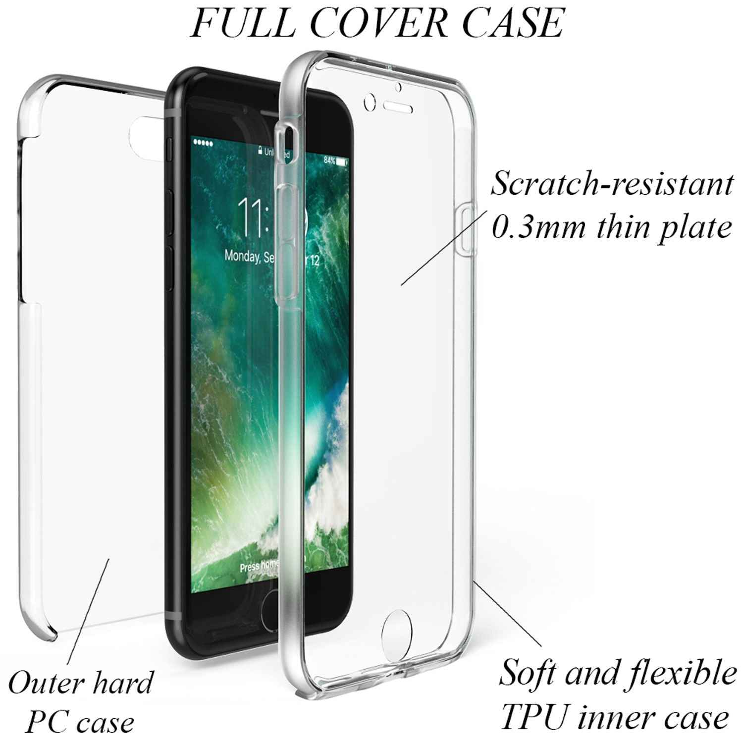 NALIA 360° Handy Hülle für iPhone SE 2022 / SE 2020 / 8 / 7, Case Cover Schutz