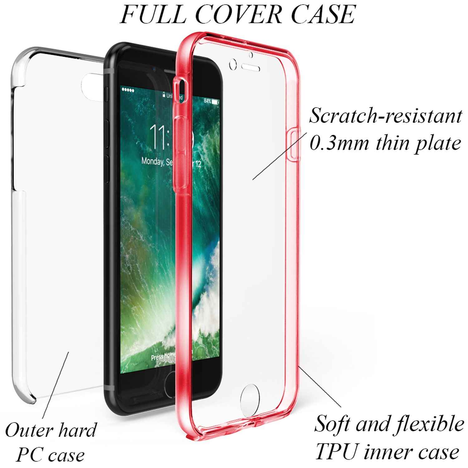 NALIA 360° Handy Hülle für iPhone SE 2022 / SE 2020 / 8 / 7, Case Cover Schutz