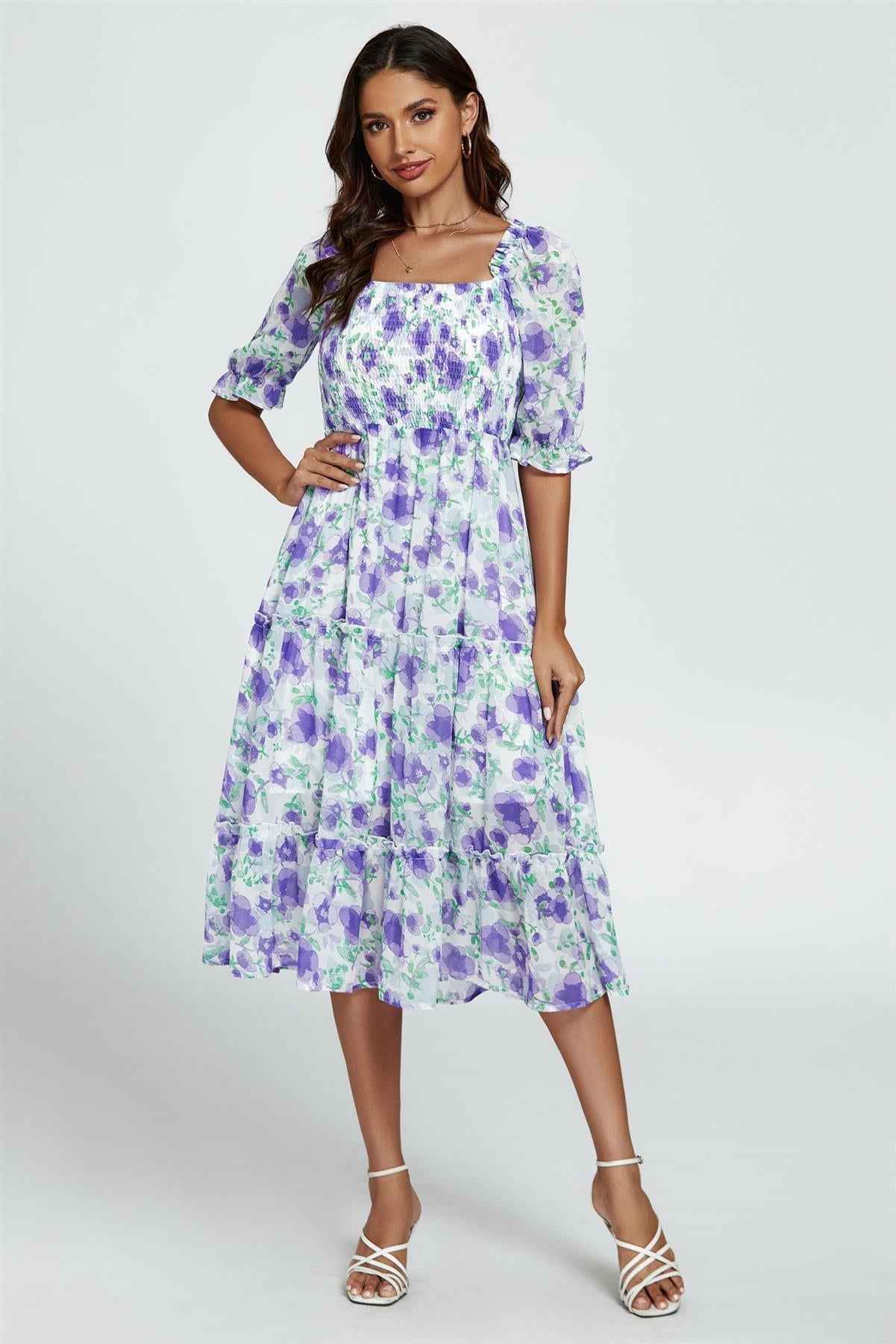 Floral Print Bardot Puff Sleeve Elasticated Detail Midi Dress In White