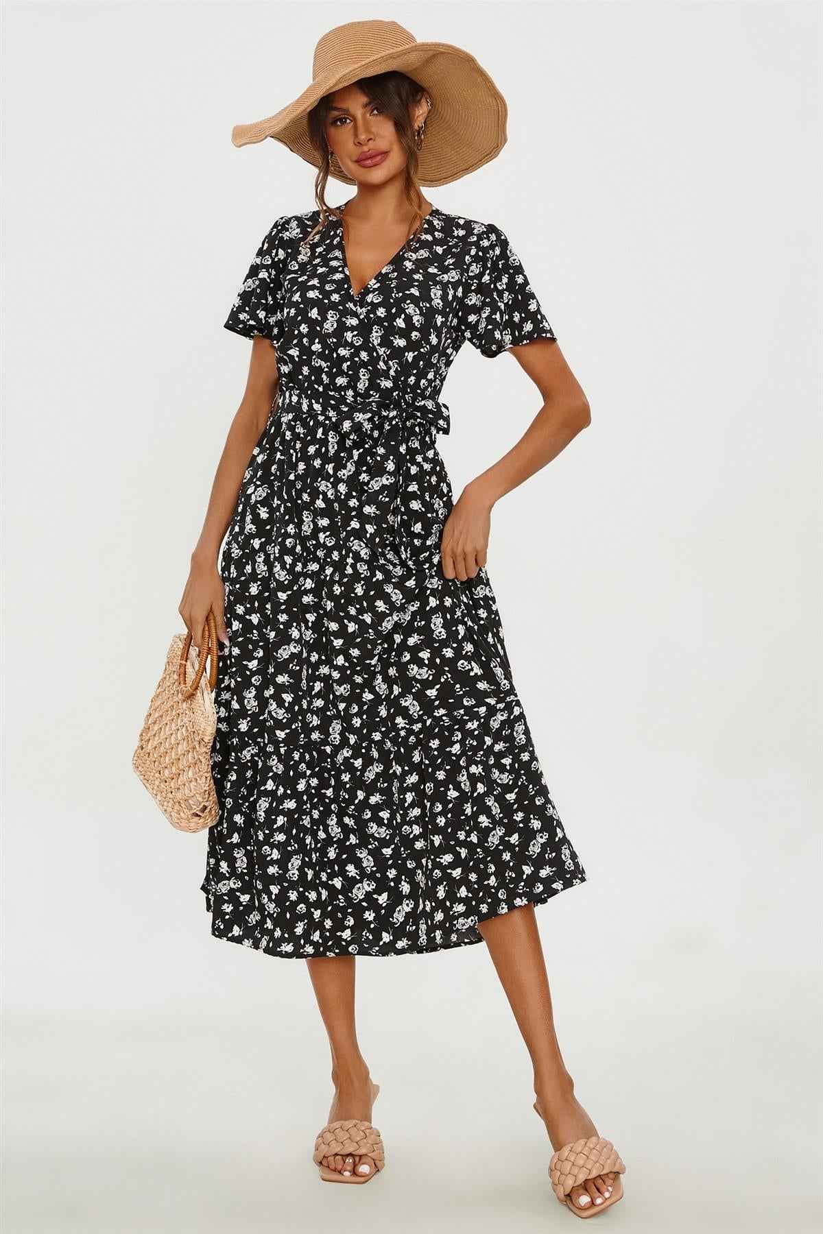 White Floral Print Hem Tiered Wrap Midi Dress In Black
