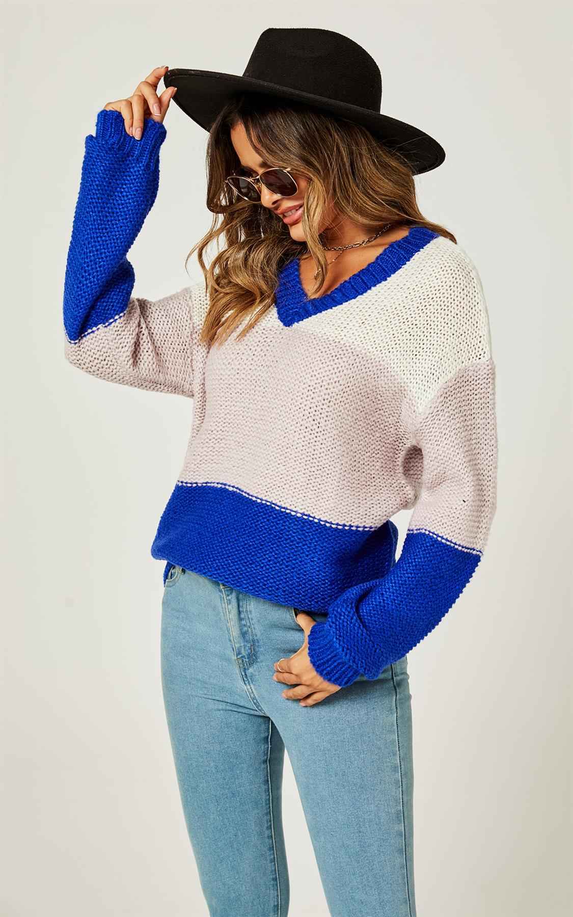 Stripe Block Colour Relaxed Knit Jumper Top In Blue & White