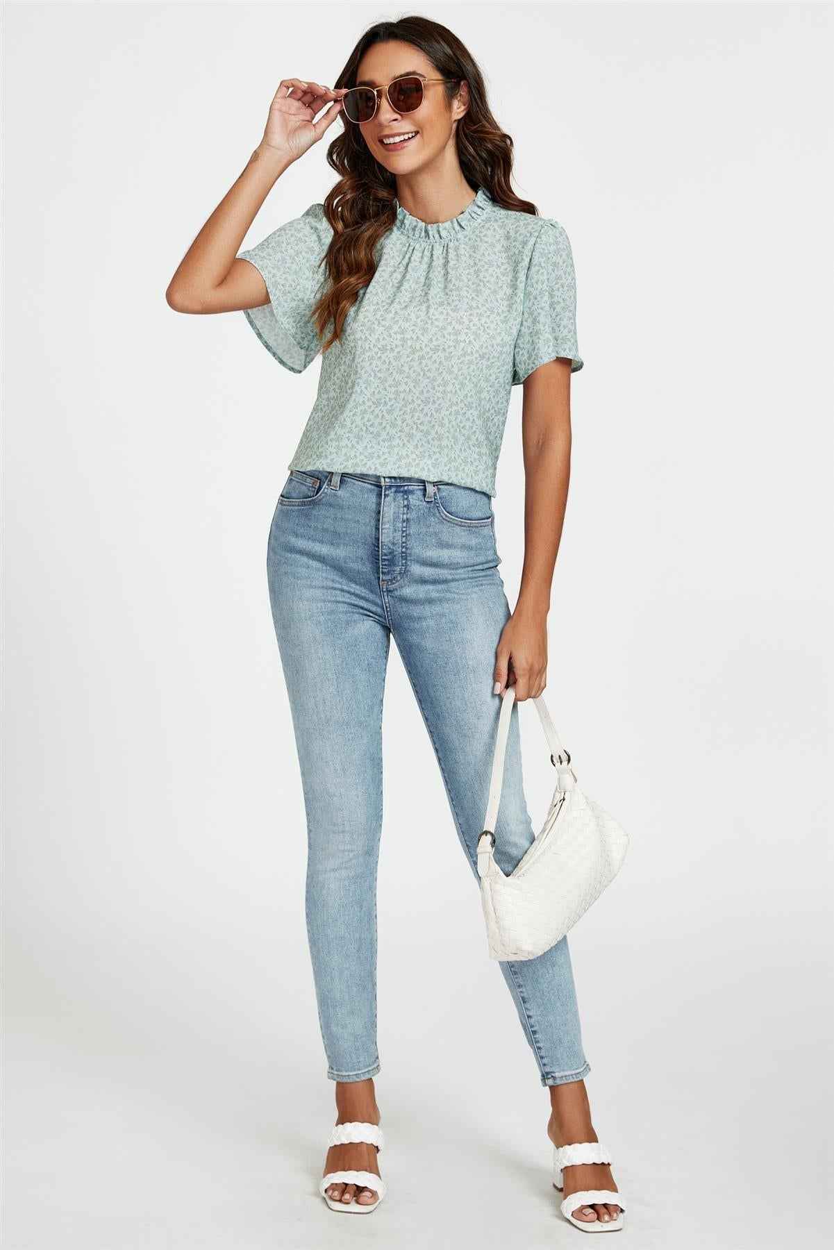 Grey Little Floral Print Angle Sleeve High Neck Top/Blouse In Blue