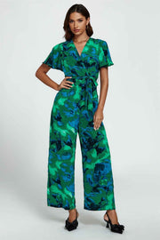 Abstract Print Wrap Top Jumpsuit In Green